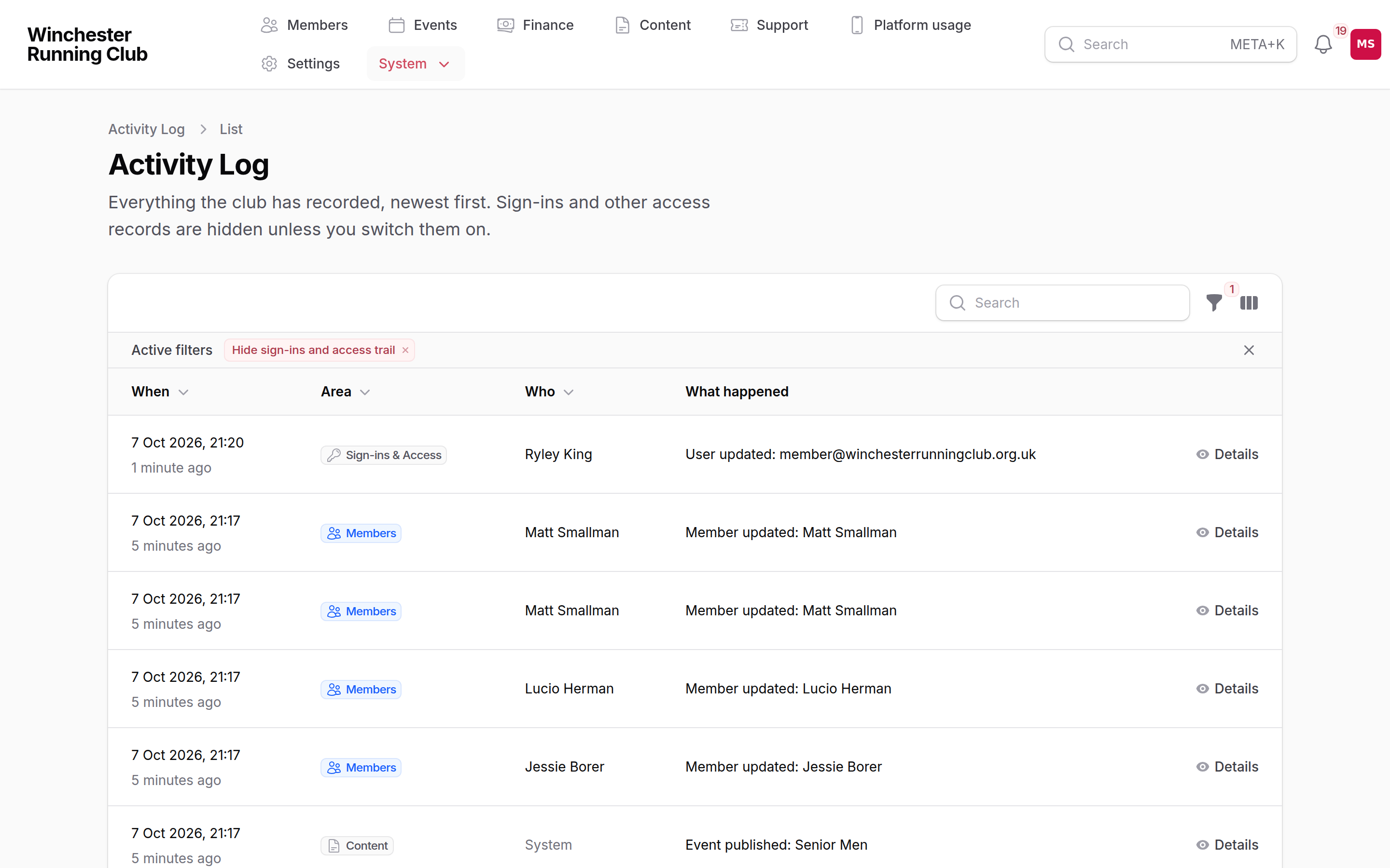 The full Activity Log, with the area and date filters and the sign-in and access trail toggle