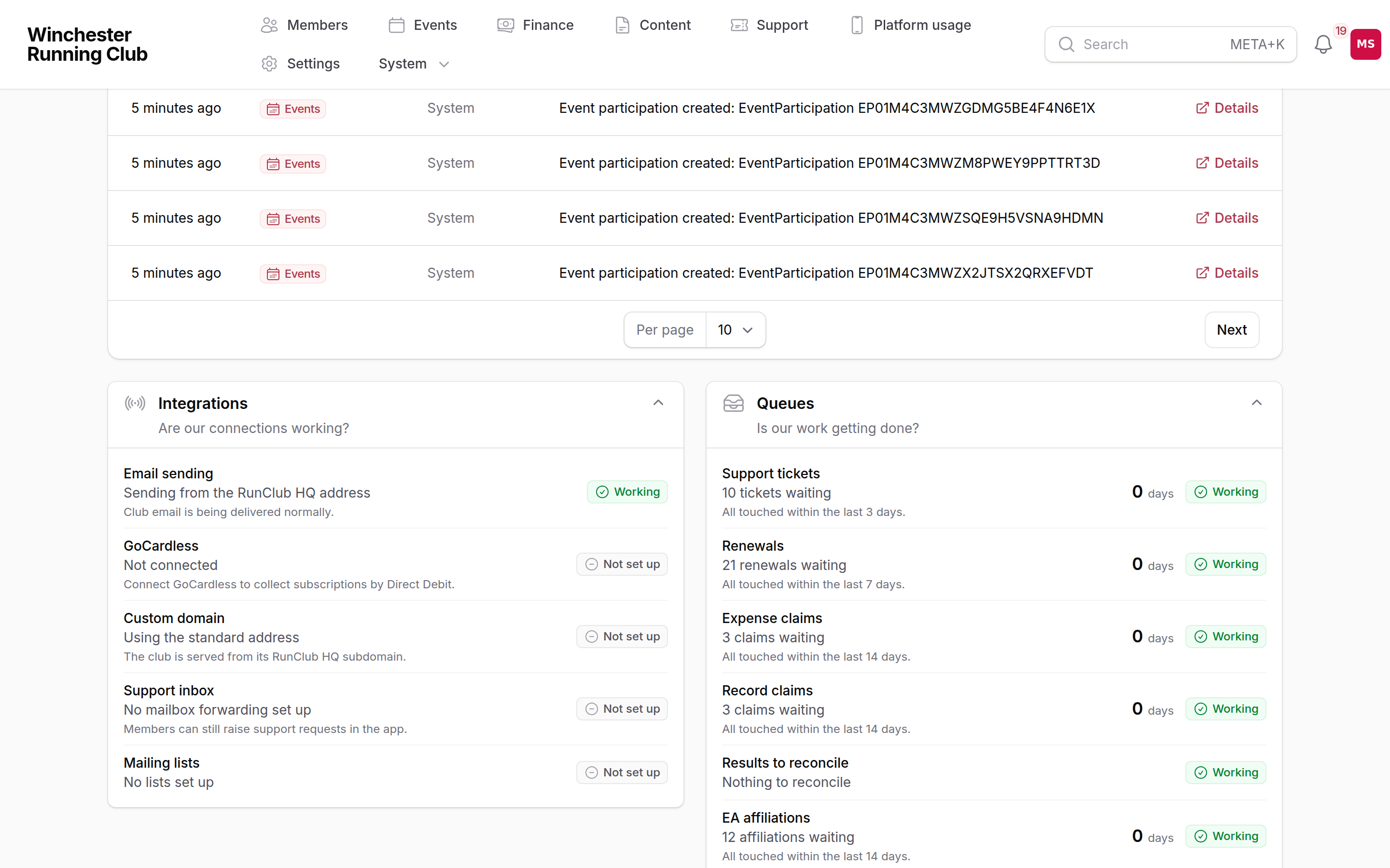 The Integrations panel on the admin dashboard, listing each connection and its state