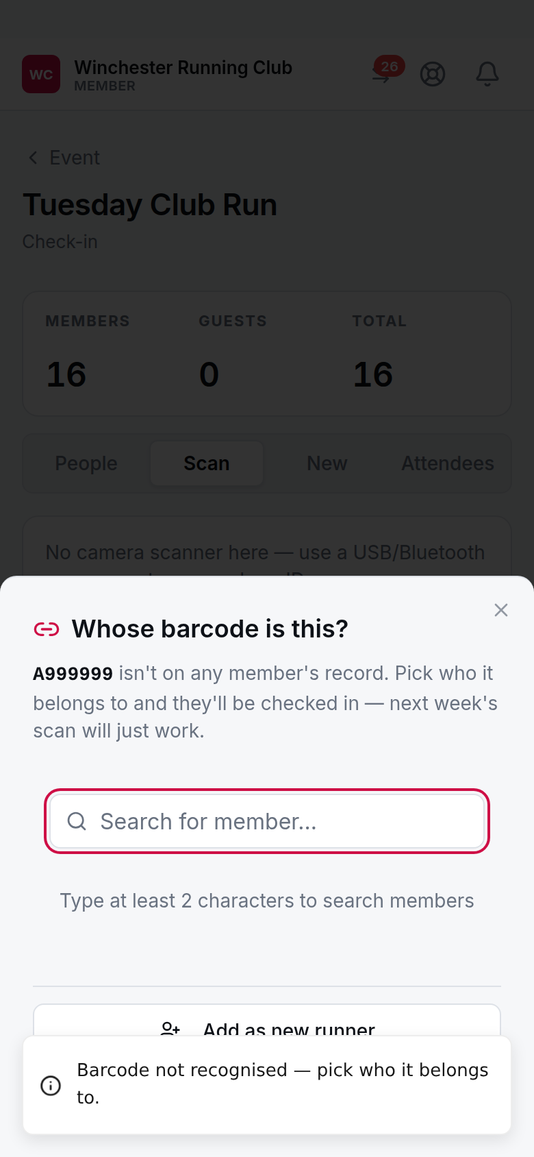 The Whose barcode is this? sheet, open over the check-in desk
