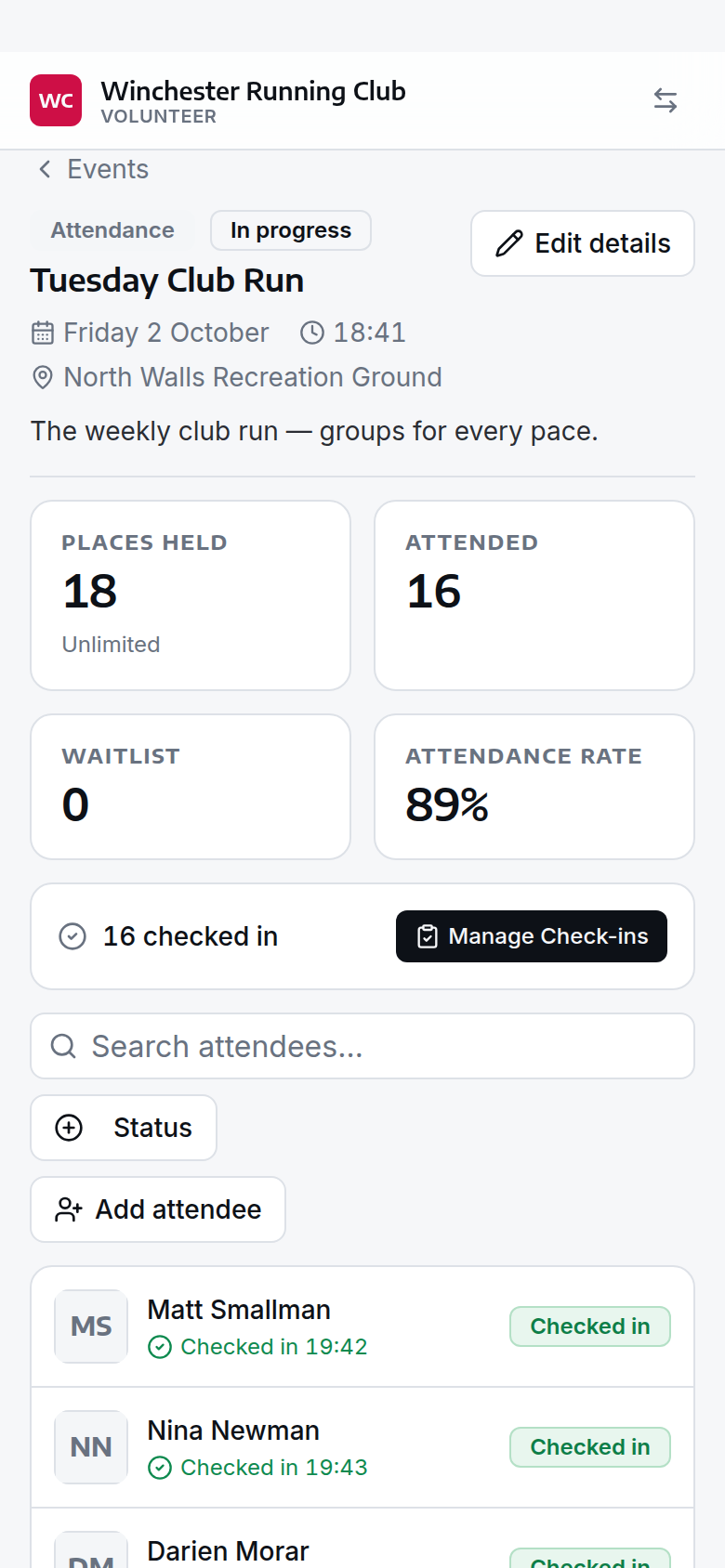 An event's page in the console, with the Manage Check-ins button
