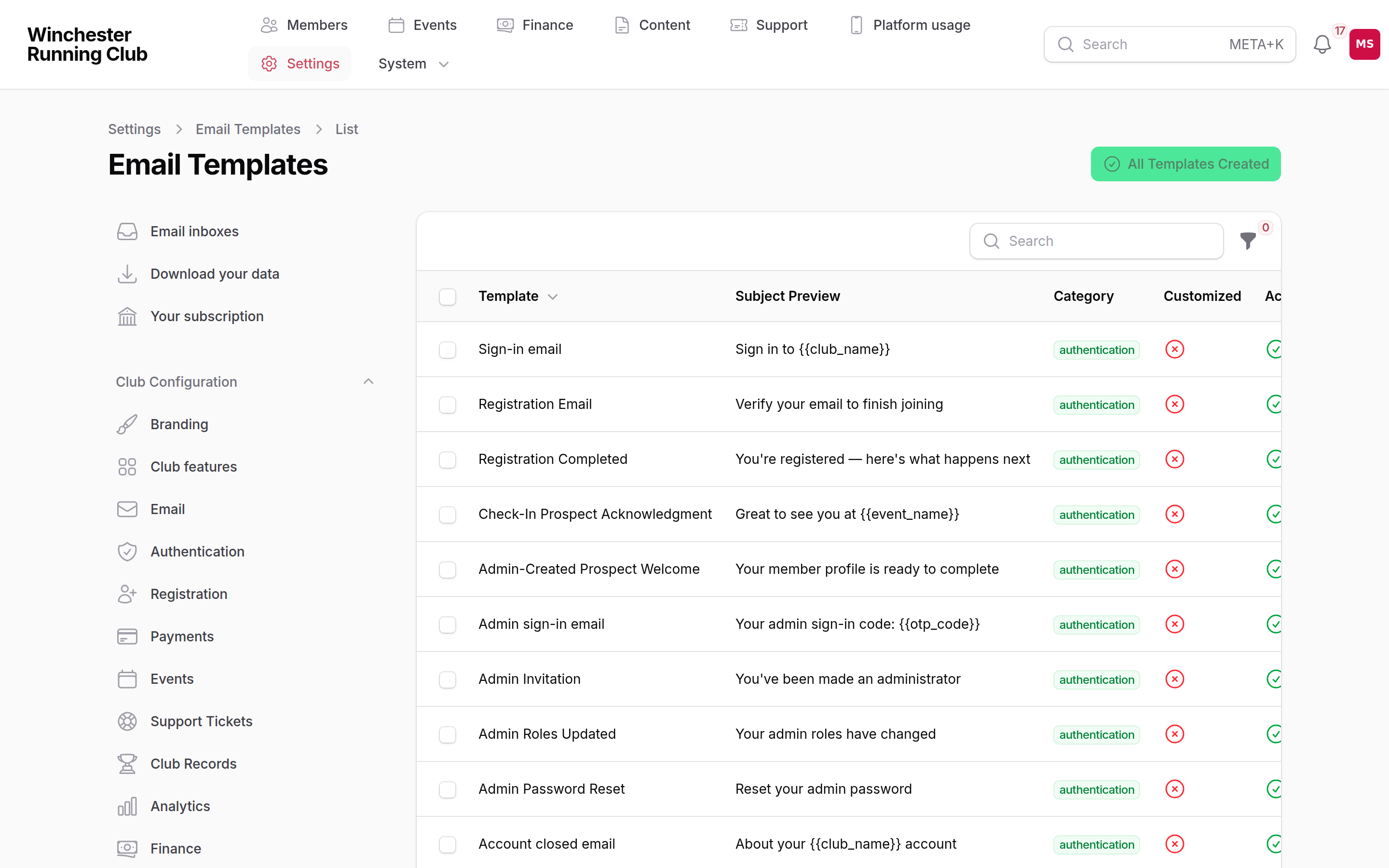 The Email Templates screen, listing templates grouped by category