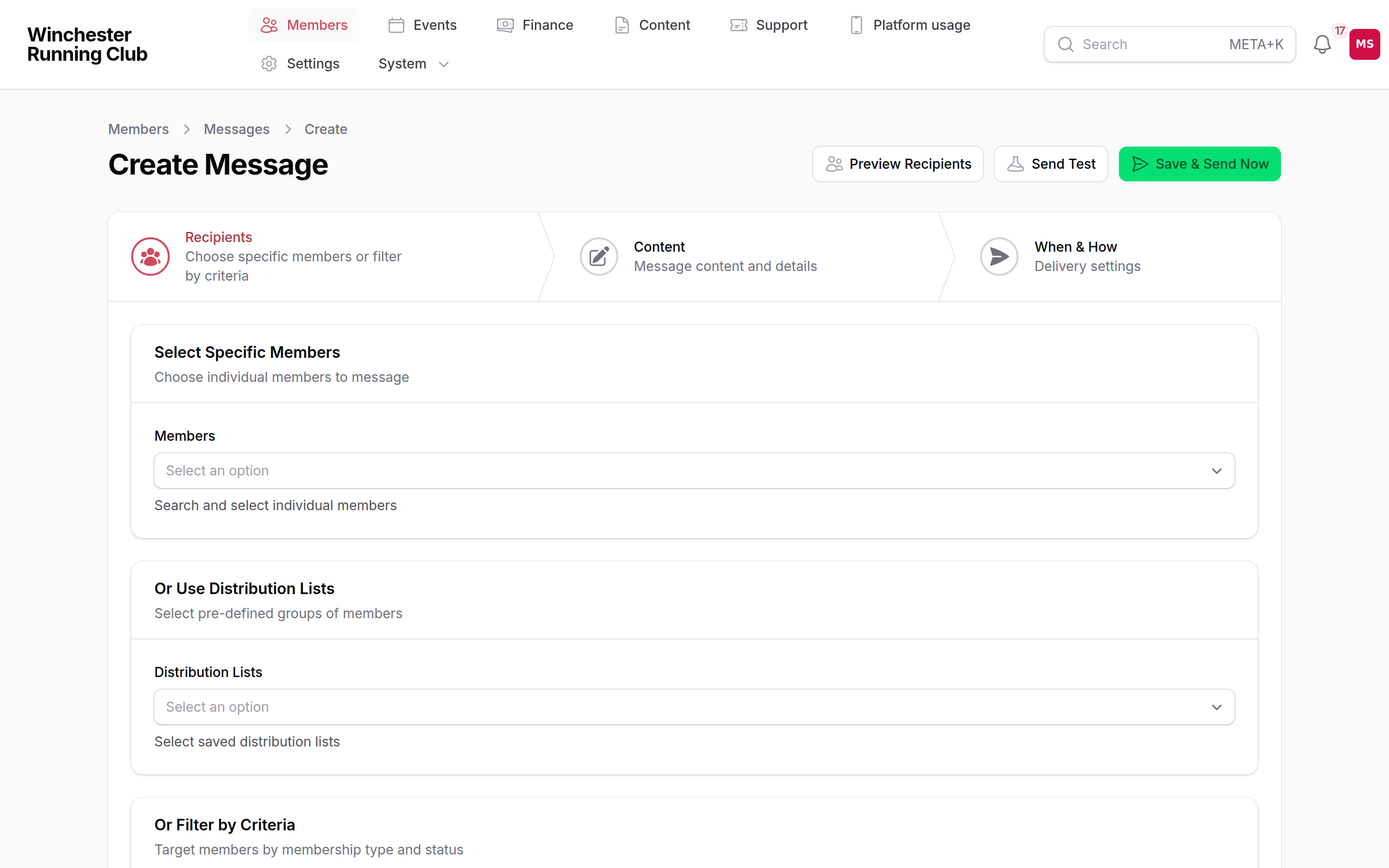 The message compose wizard's Recipients step, with the audience options