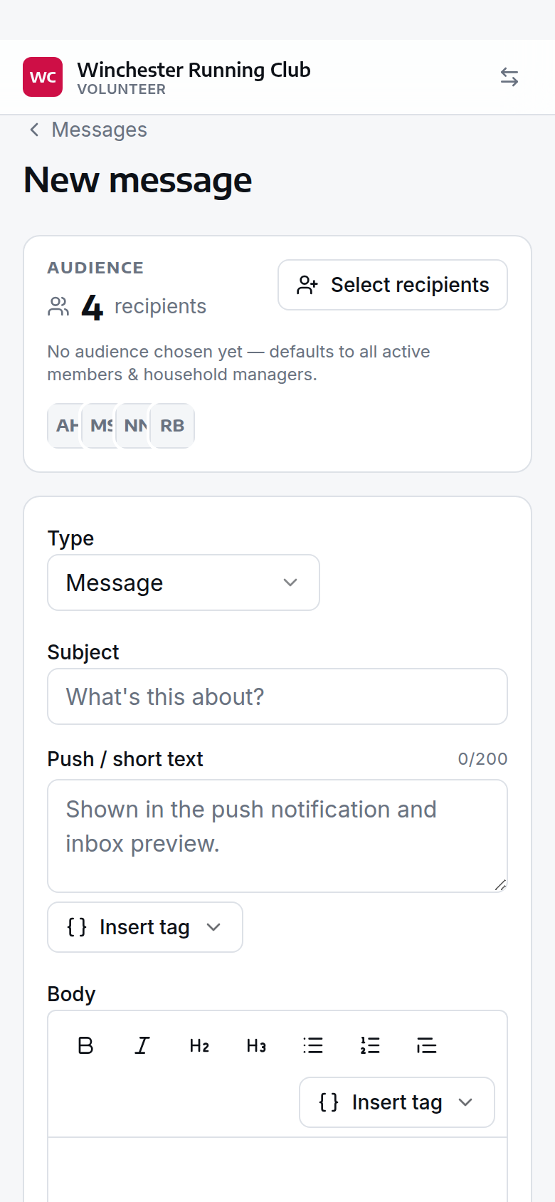 The console's New message screen, at phone width