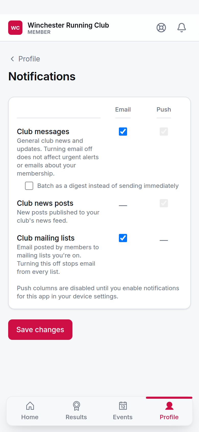 The member app's Notifications screen, at phone width