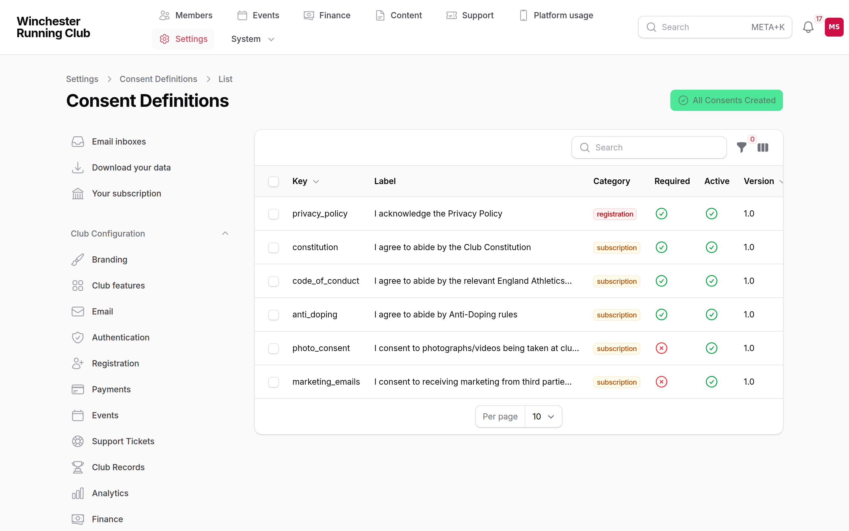 Settings → Consent Management, listing the club's six consents with their category, required and active status