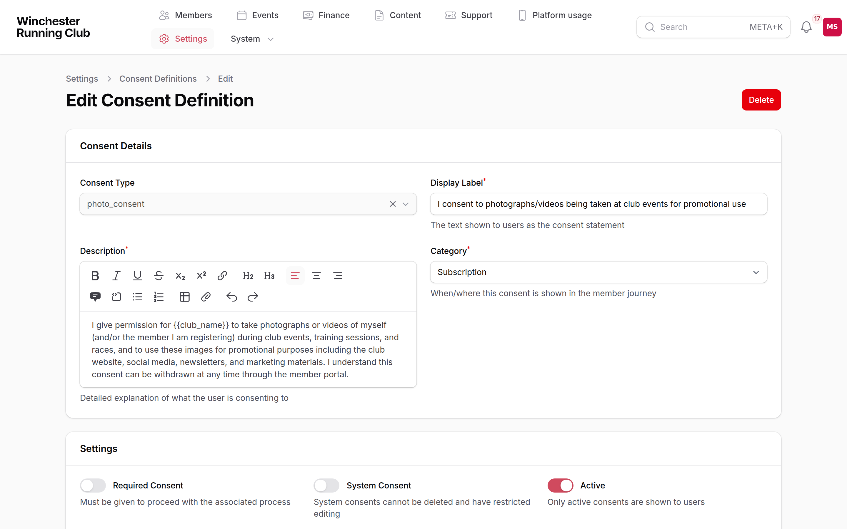 Editing a consent definition, with the rich-text description and the merge tags panel