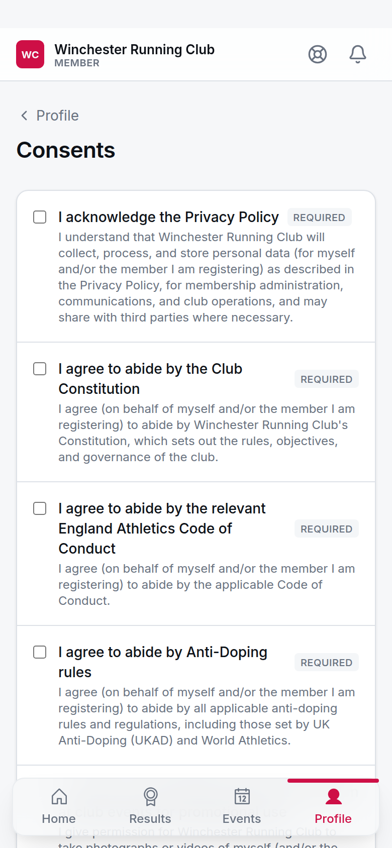 The member app's Consents page, showing given agreements and a toggle for an optional one