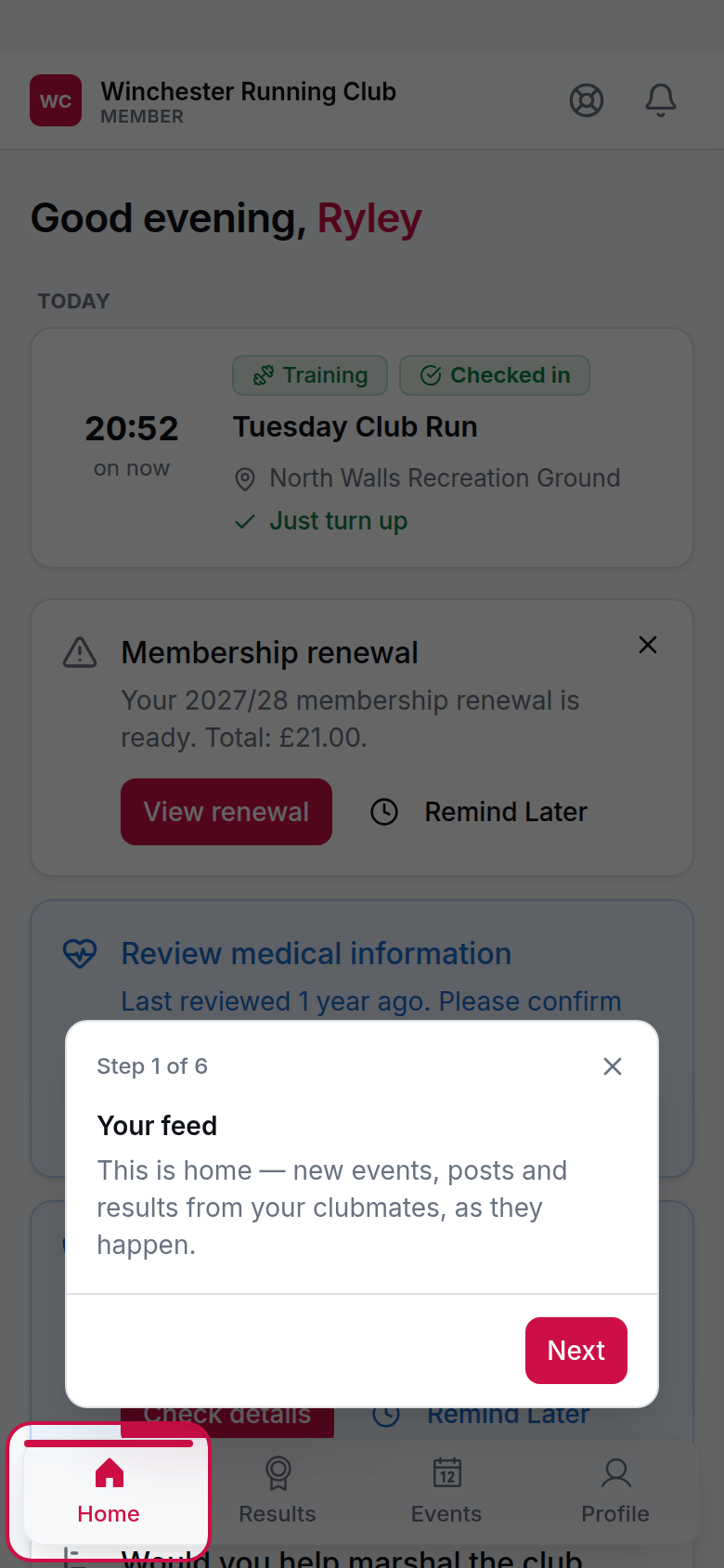 The member app bar with the Volunteer switch