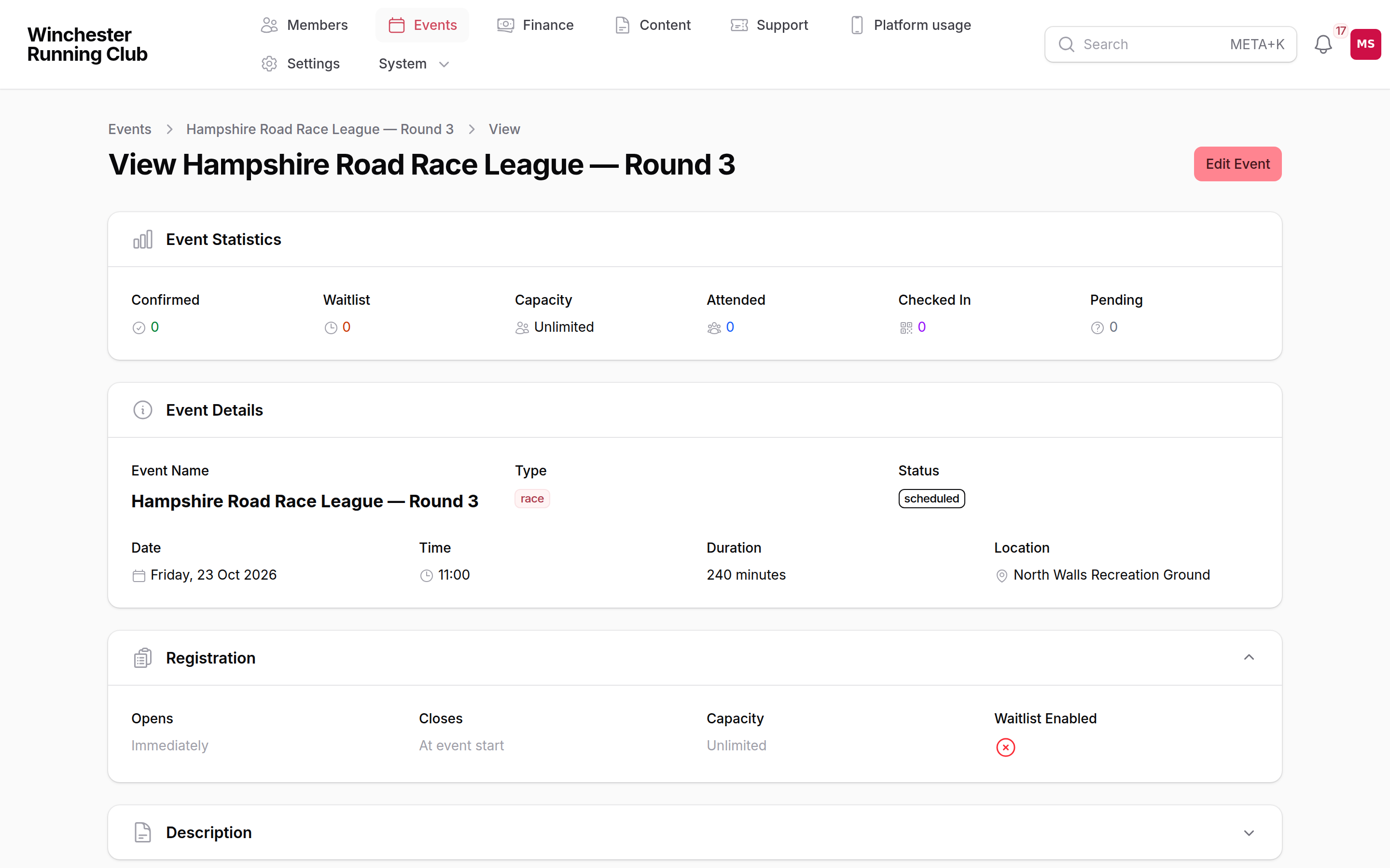 A fixture's page, with its races listed in the Races section