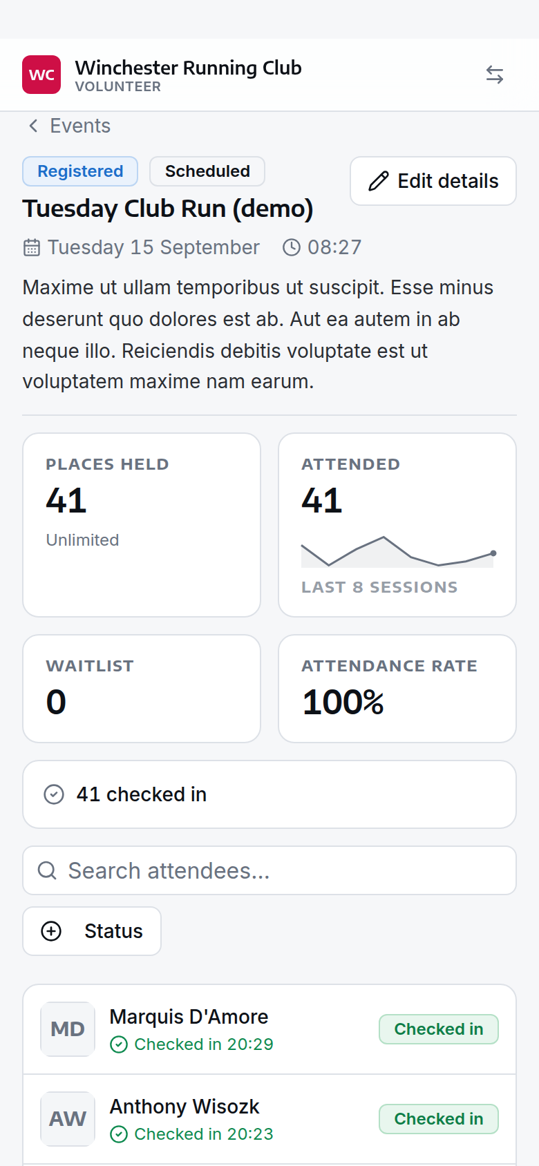 The console's event page, phone width, with the stats row above the attendance list