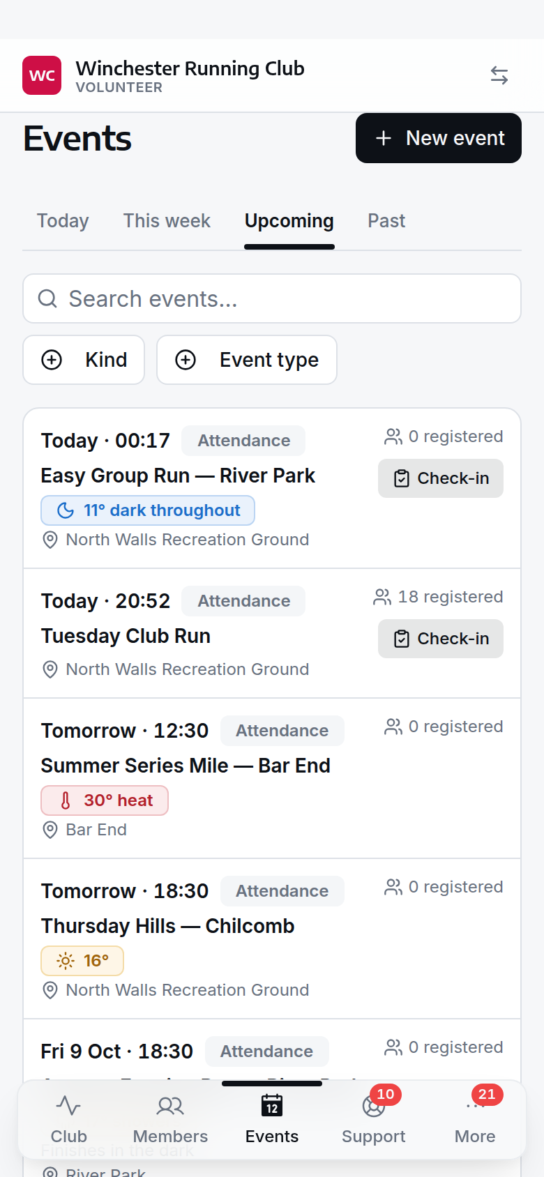 The console's Events tab, phone width, with Awaiting listing above today's sessions