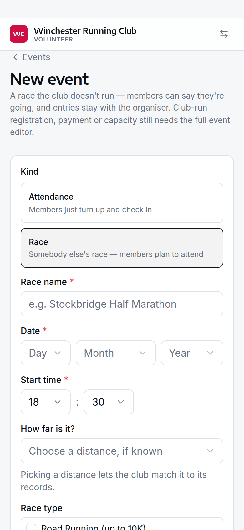 The console's New event form, phone width, with Race chosen