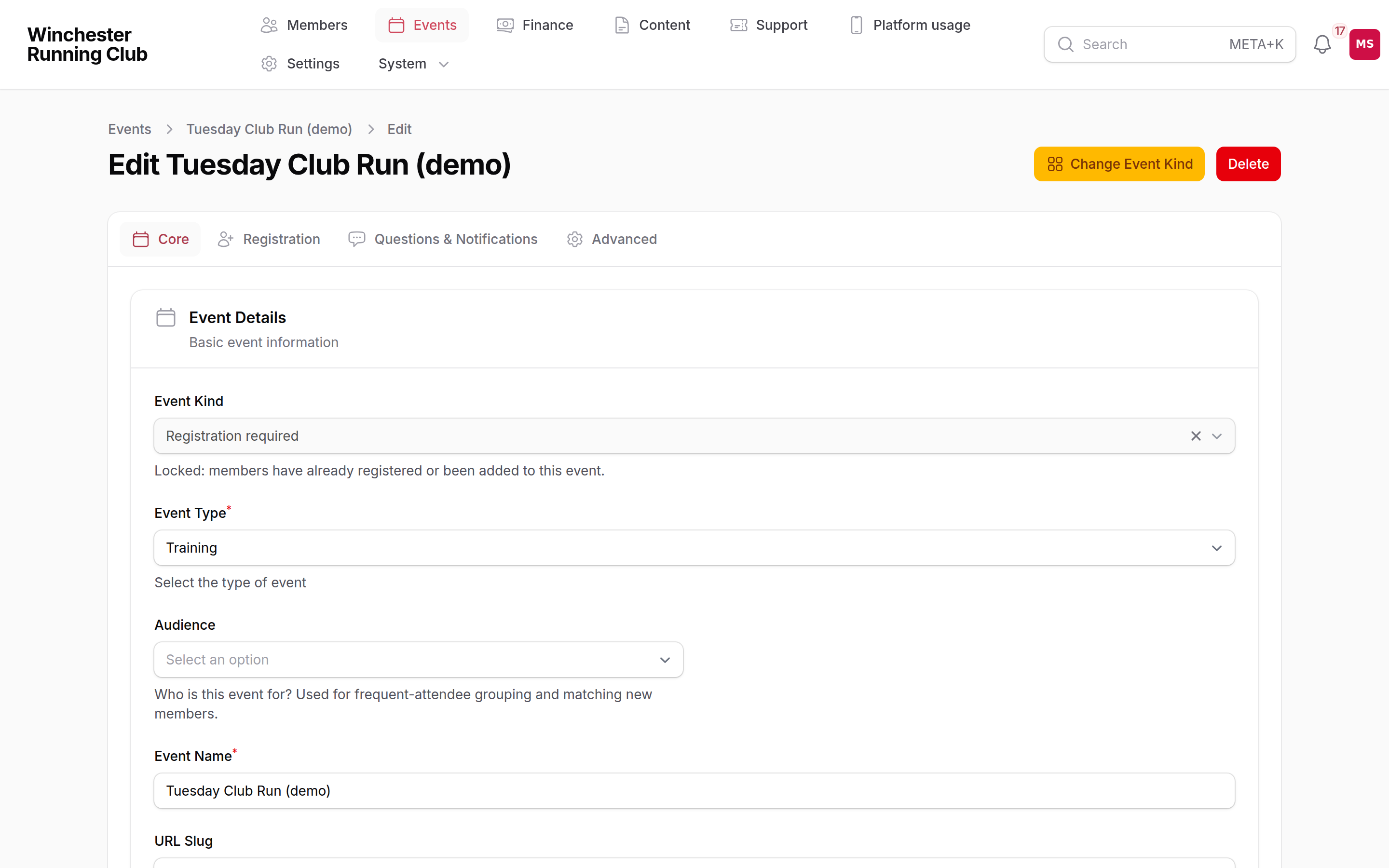 The edit form's Core tab, showing the Event Kind selector