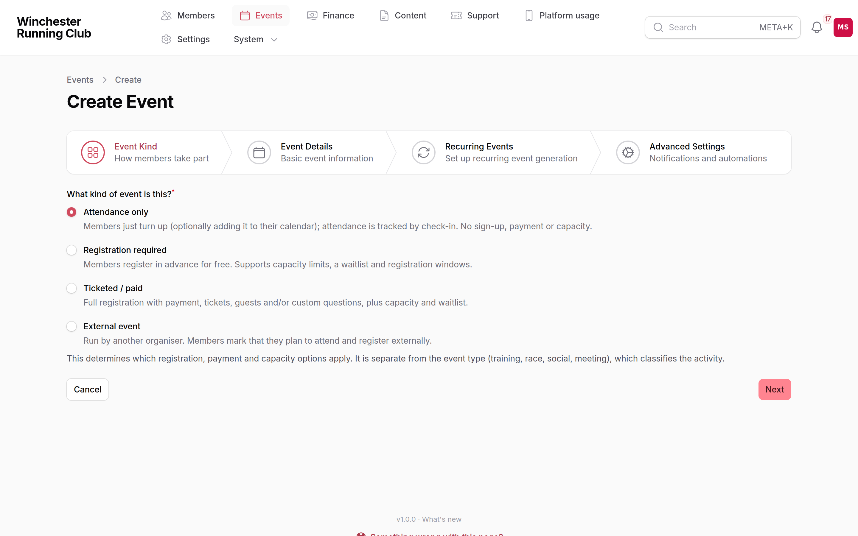 The Event Kind selector, step 1 of the wizard