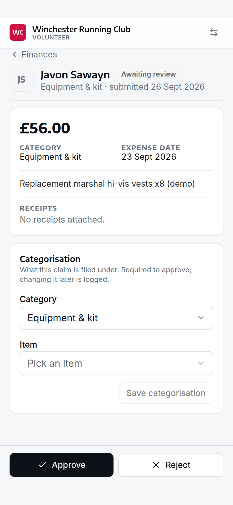 An expense claim open in the console, with its receipts and the approve, reject and mark-paid actions