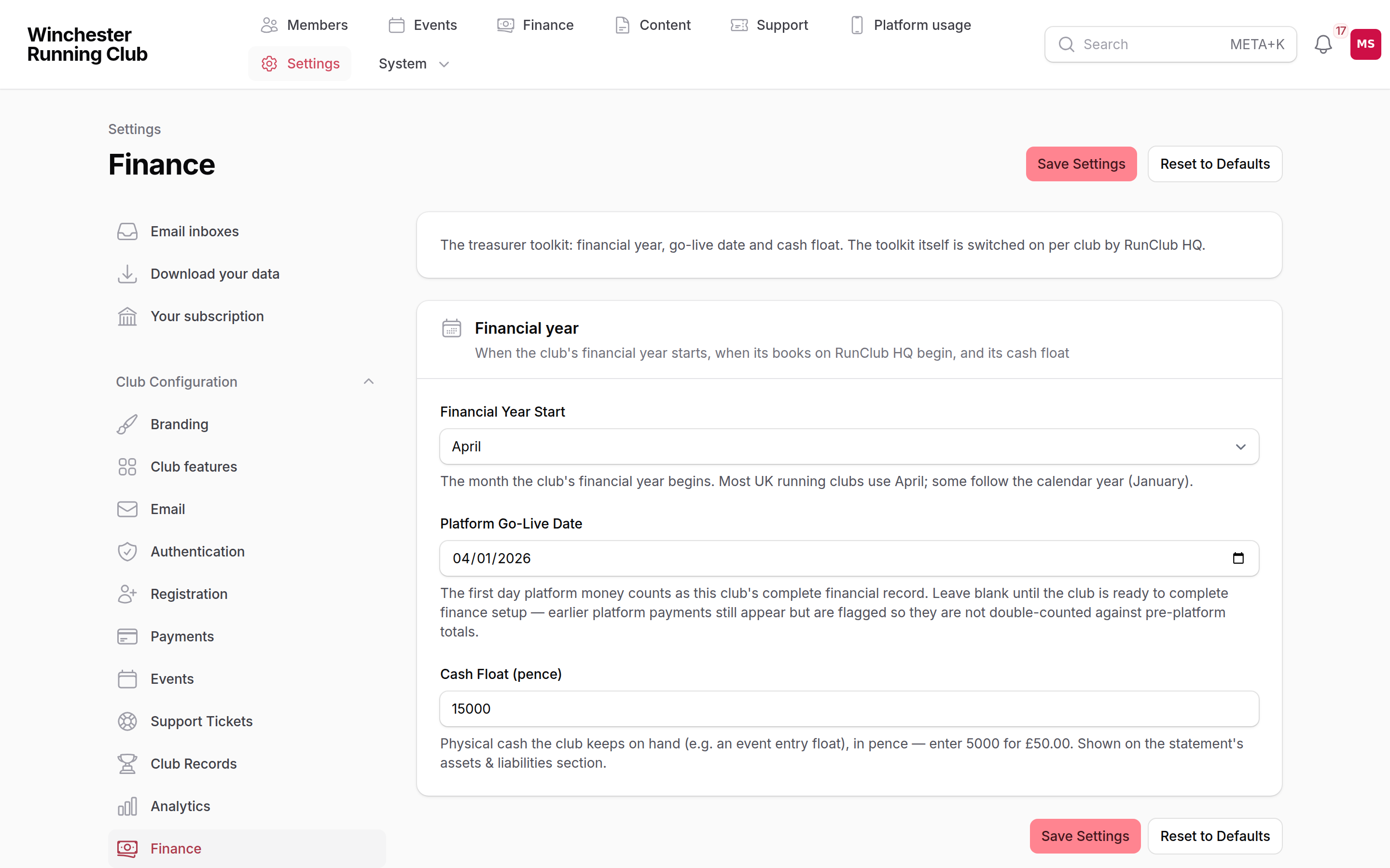 Settings → Finance — financial year start, platform go-live date and cash float
