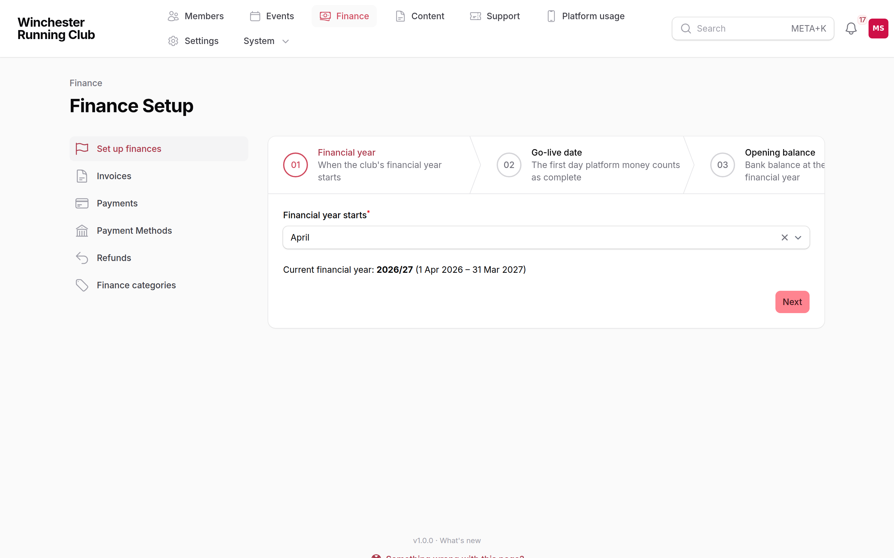 The Finance Setup wizard's first step — picking the month the club's financial year starts, with a live preview of the current financial year's dates