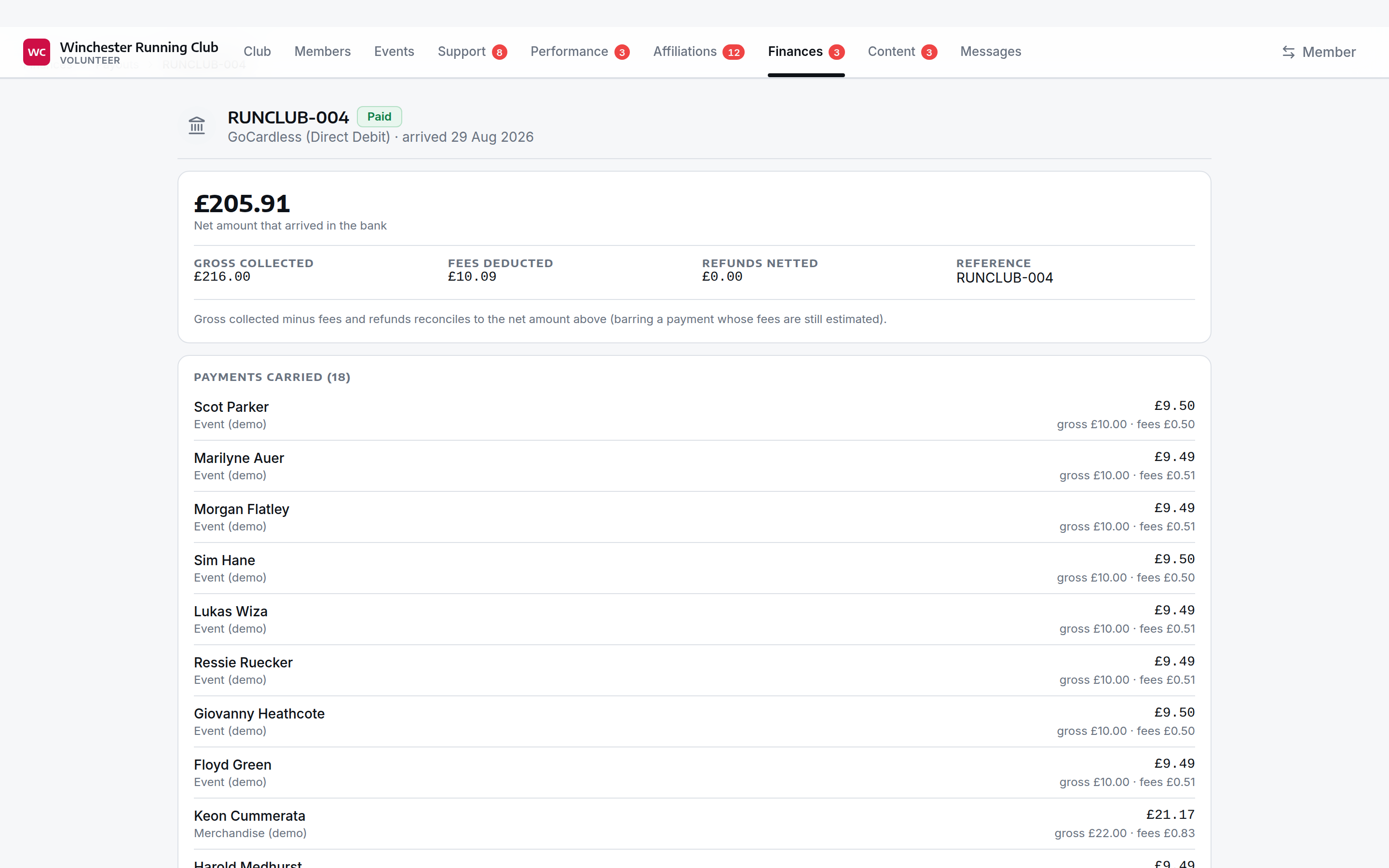A payout open in the console — gross collected, fees deducted and refunds netted reconciling to the net amount, with every payment it carried listed below