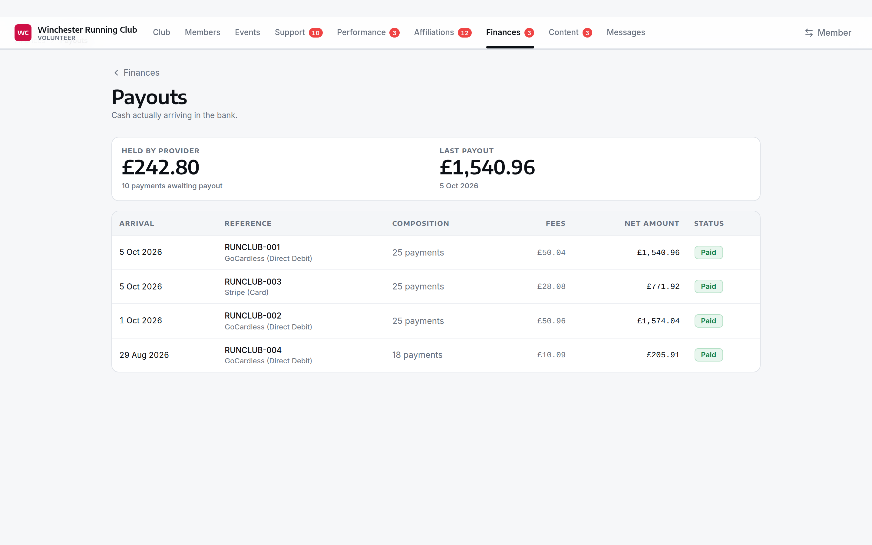 The Payouts list — held by provider and last payout at the top, then every arrived payout with its reference, composition, fees and net amount