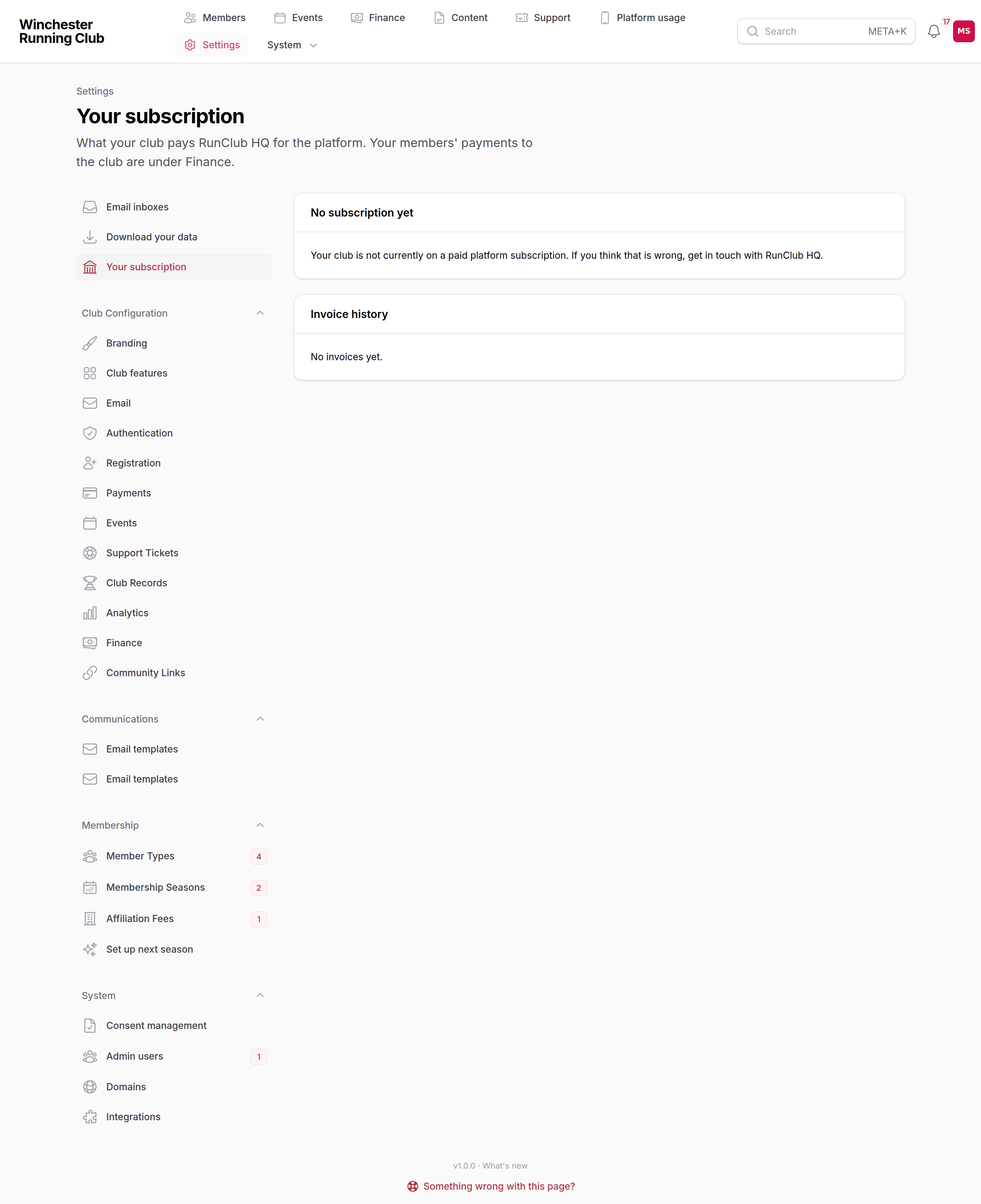 The Your subscription page — plan, how you pay, and invoice history
