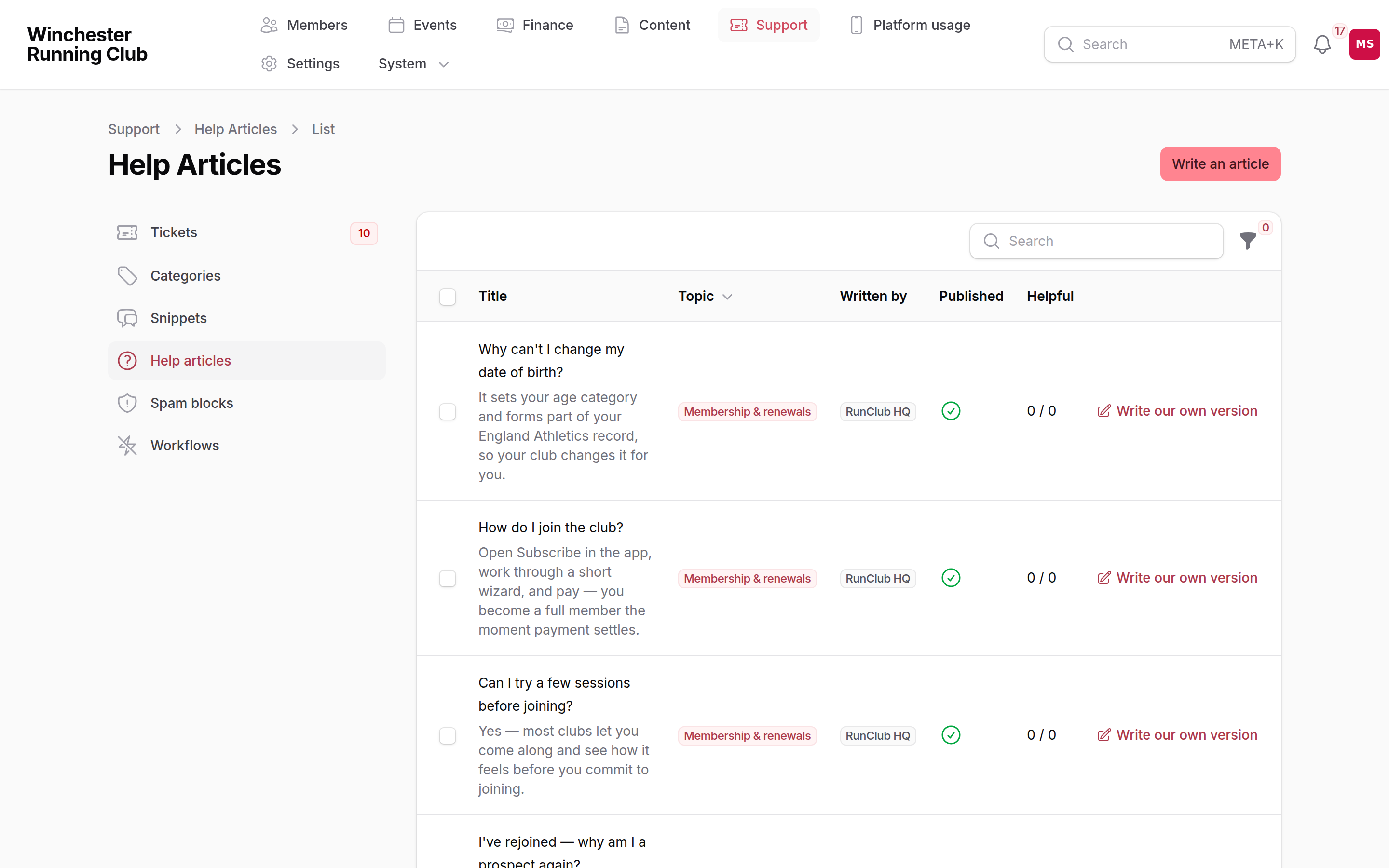 Support → Help articles in the admin panel