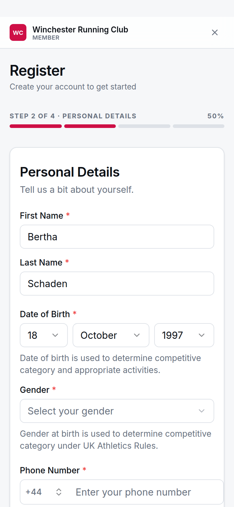 The registration wizard's Personal Details step in the member app