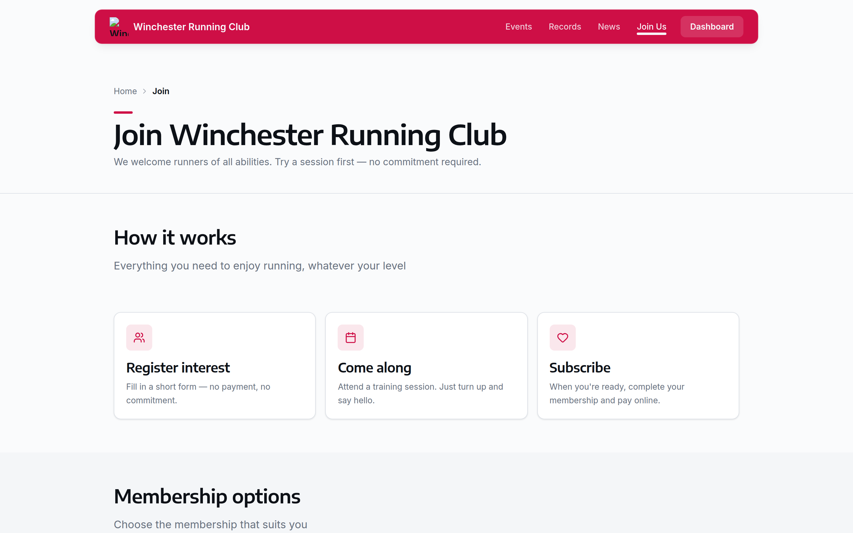 The join page on a club's public website, with the Register Interest form