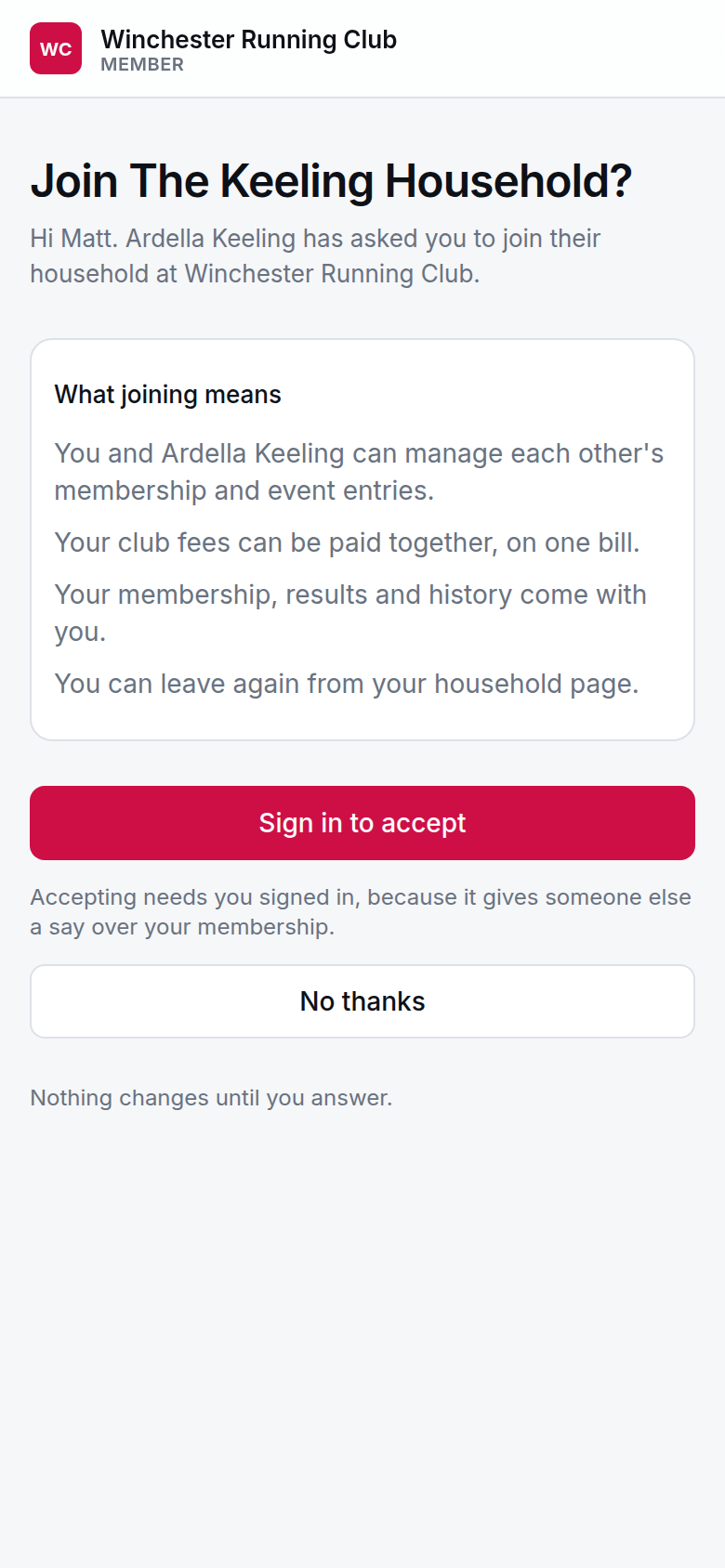 The invitation as it opens from the email, phone width