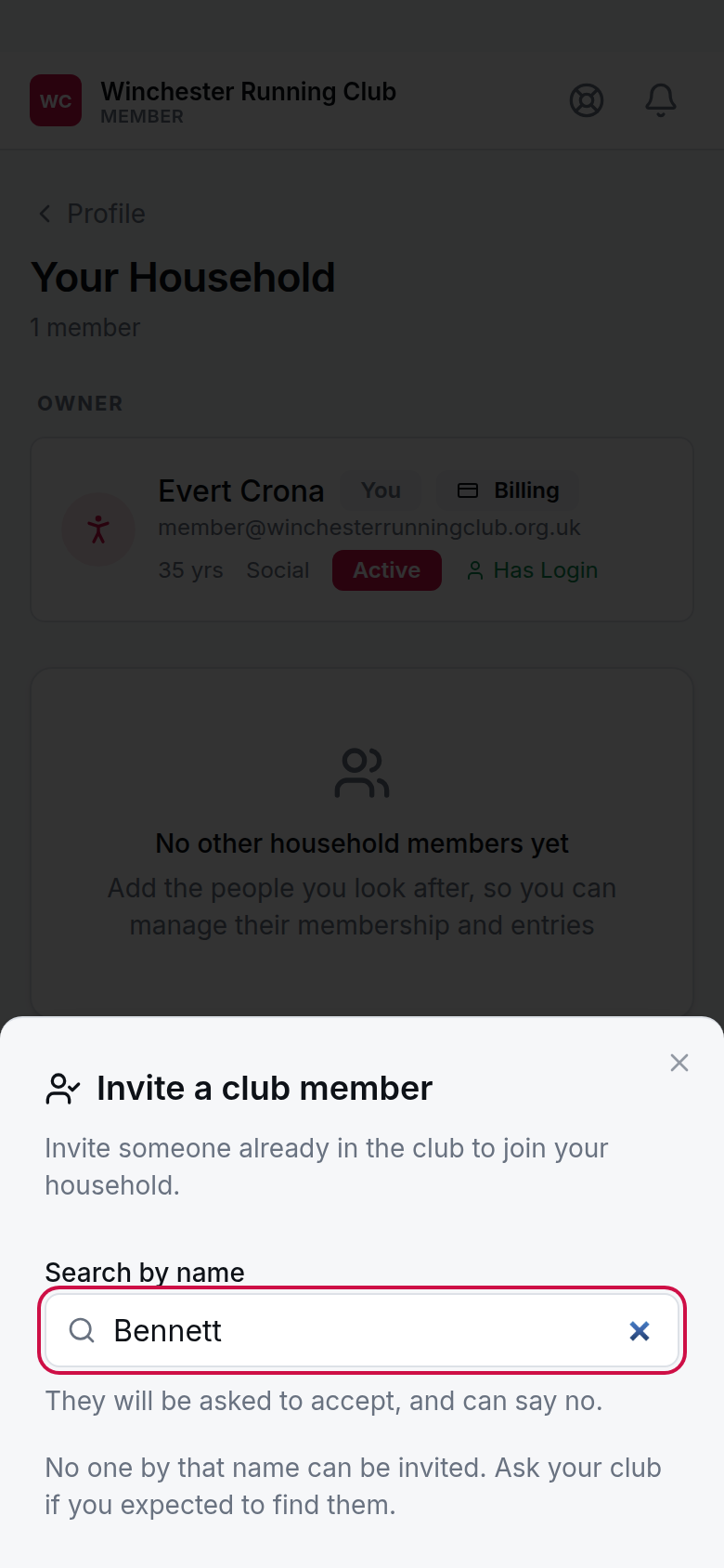 Invite a club member, phone width