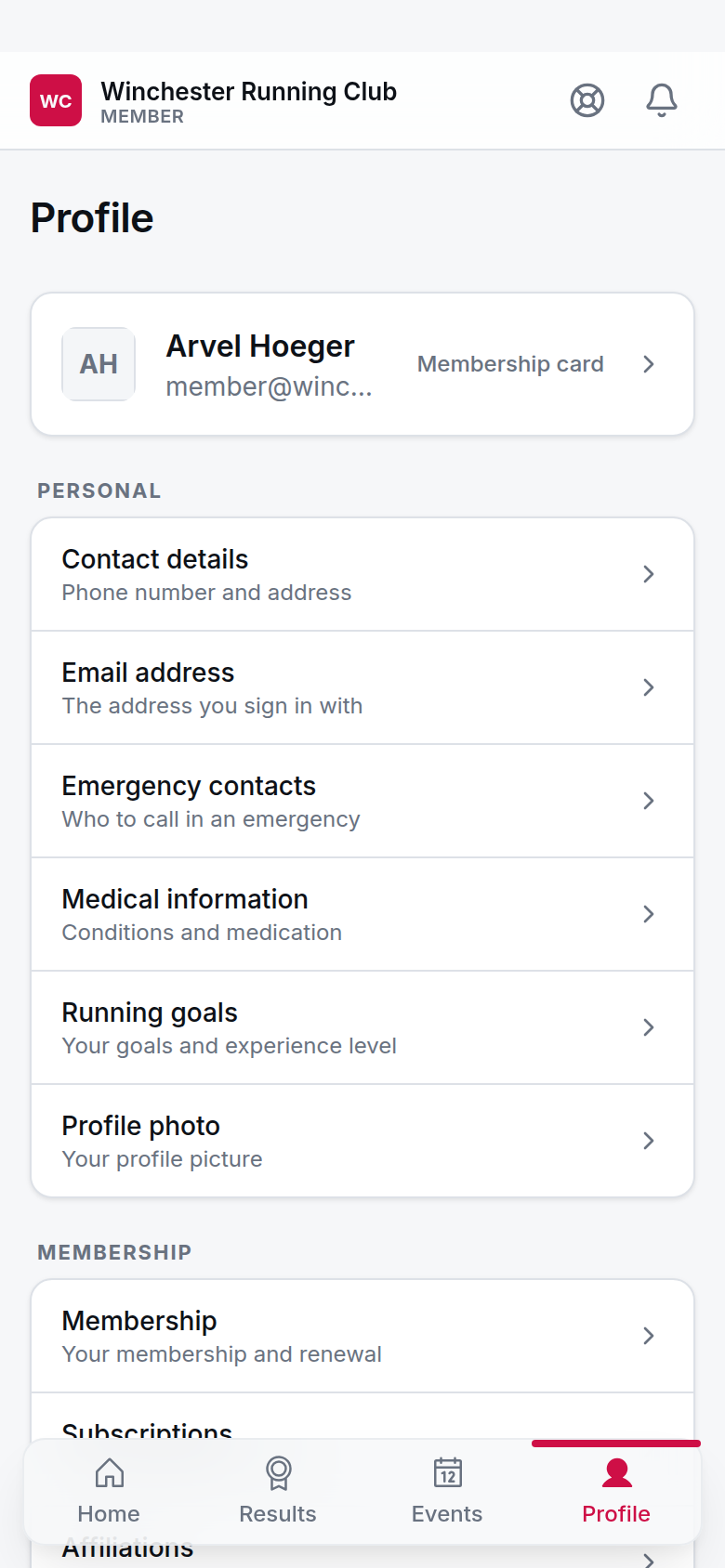 The Profile hub, phone width