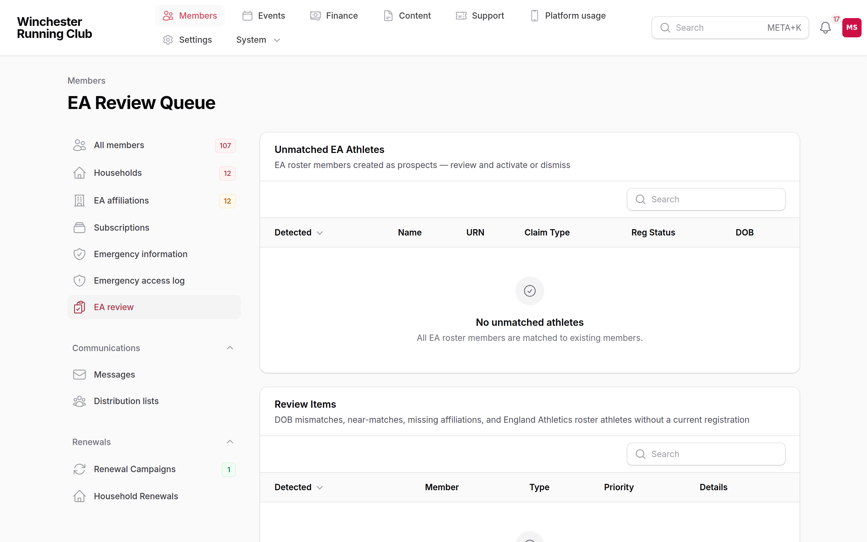 The EA Review queue, listing unmatched prospects and review items