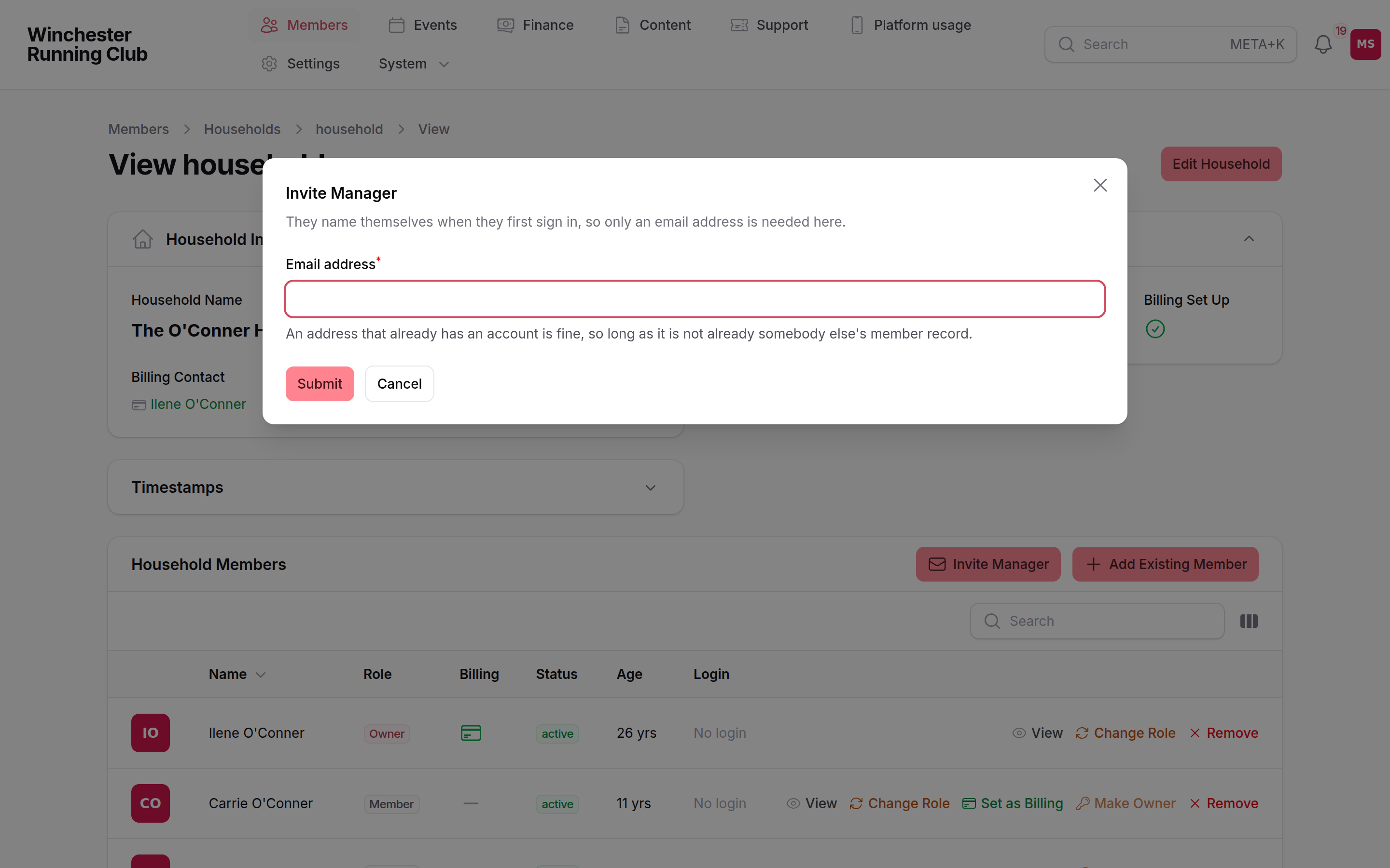 The Invite Manager modal on a household's Household Members tab