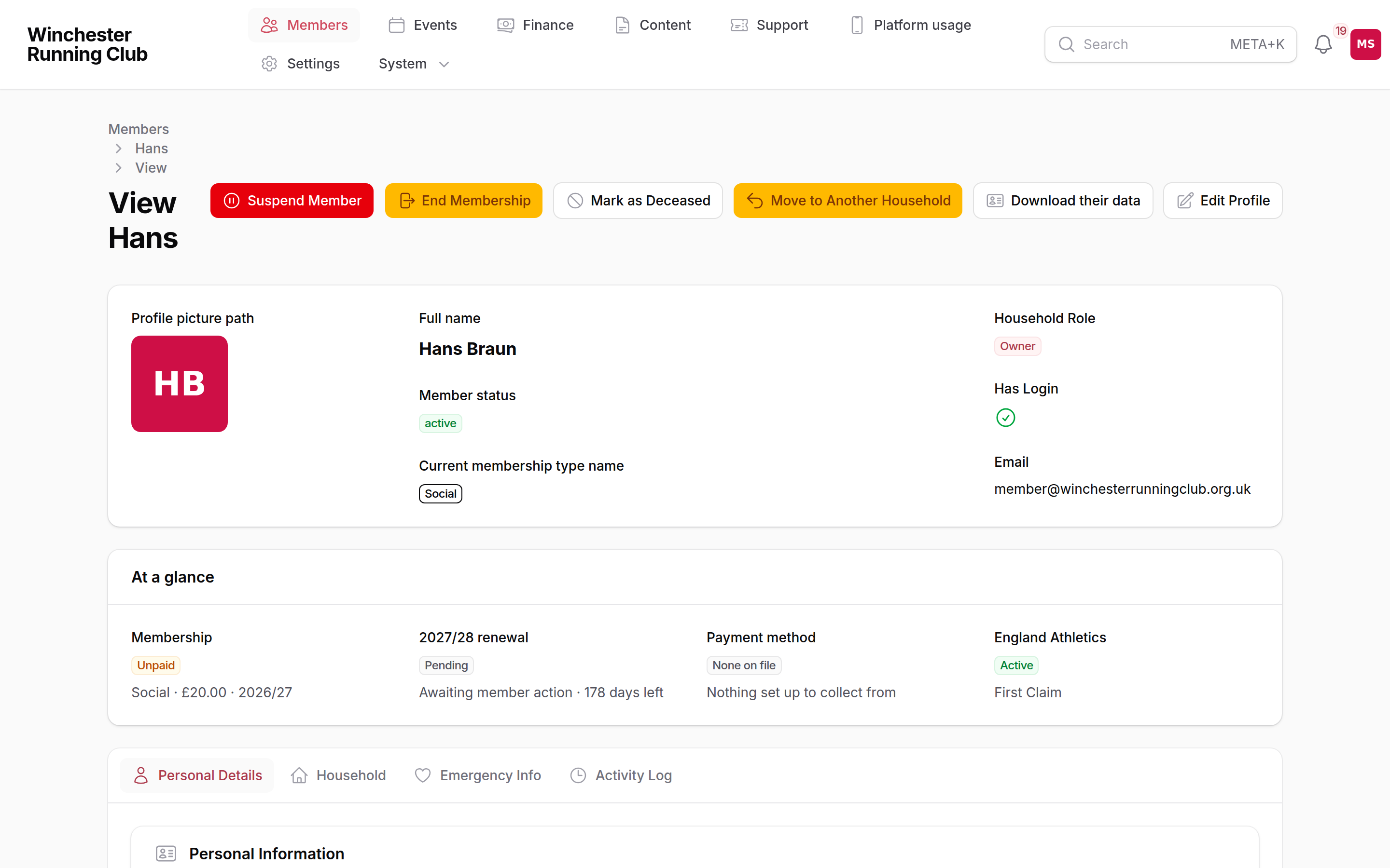 A member's record in the admin panel, with the at-a-glance vitals band and header actions