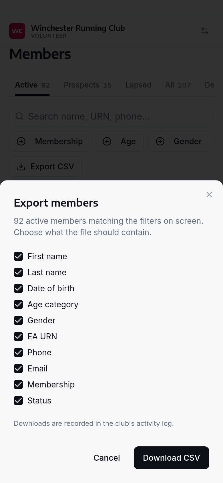 The export dialog on a phone, listing the columns the file can contain, each ticked