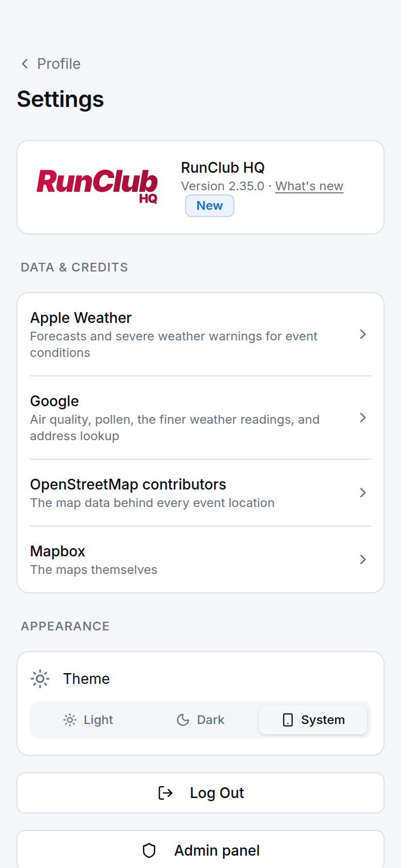 Settings on the mobile app, phone width