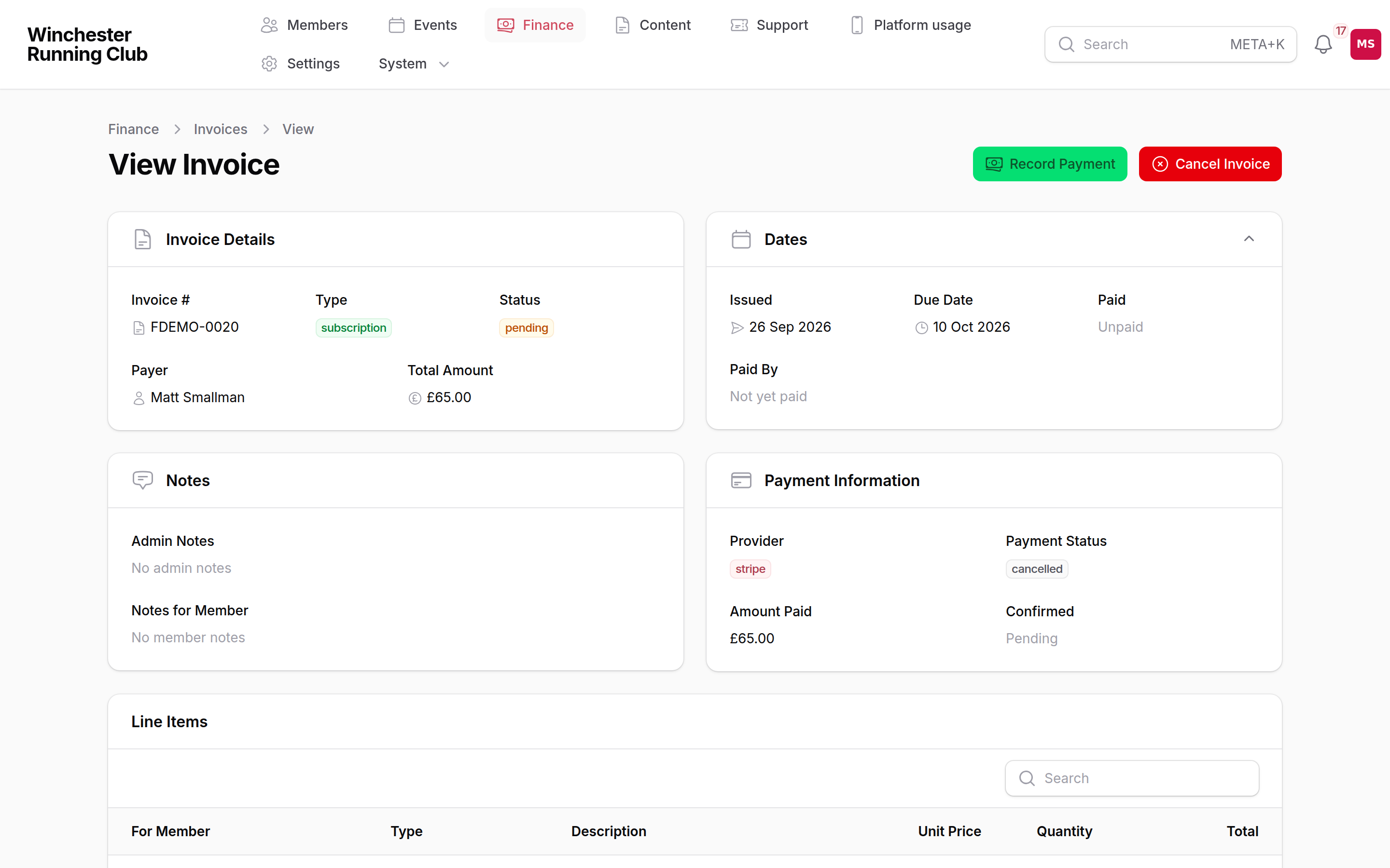 An invoice open in Finance → Invoices