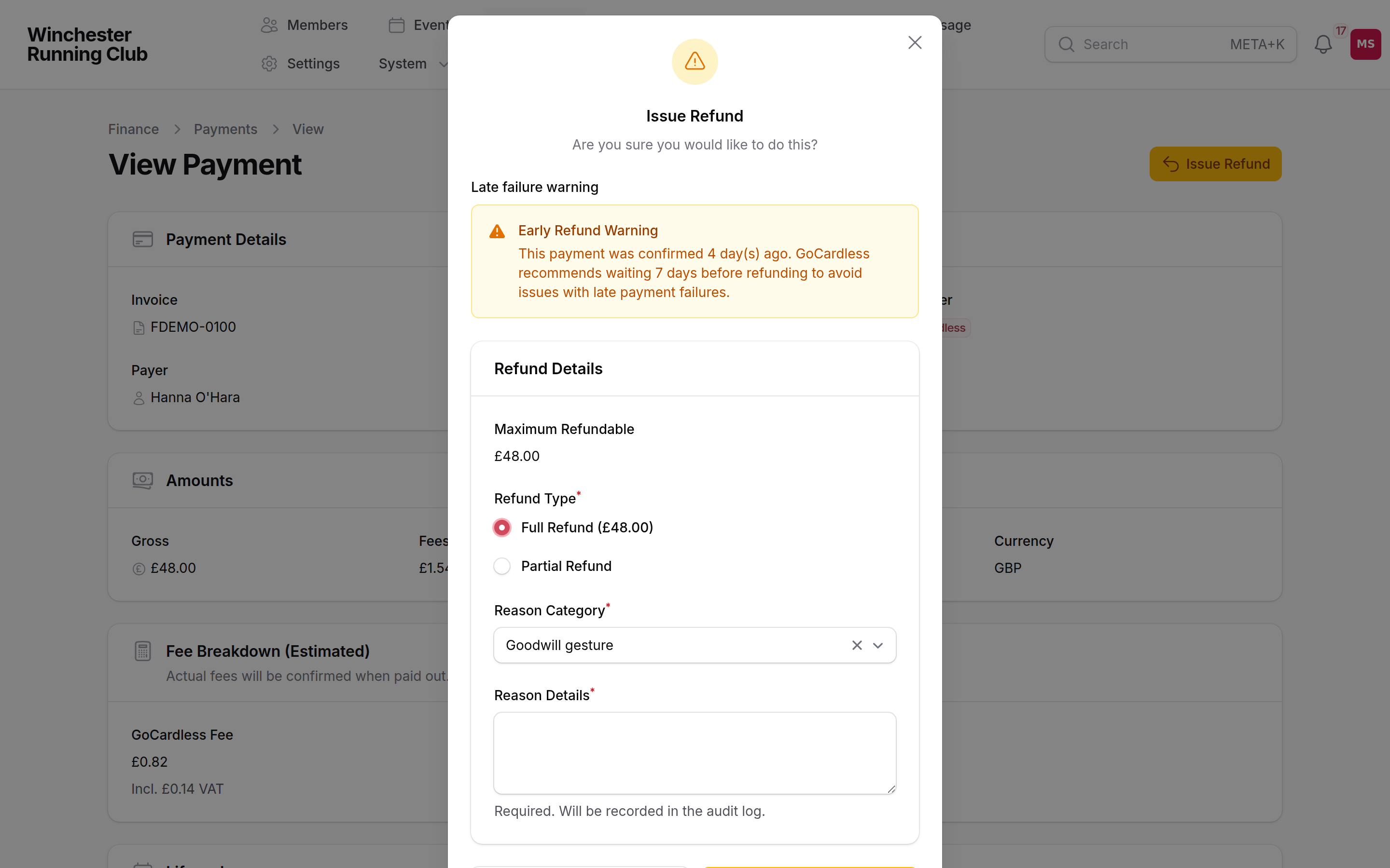 The Issue Refund modal open on a payment