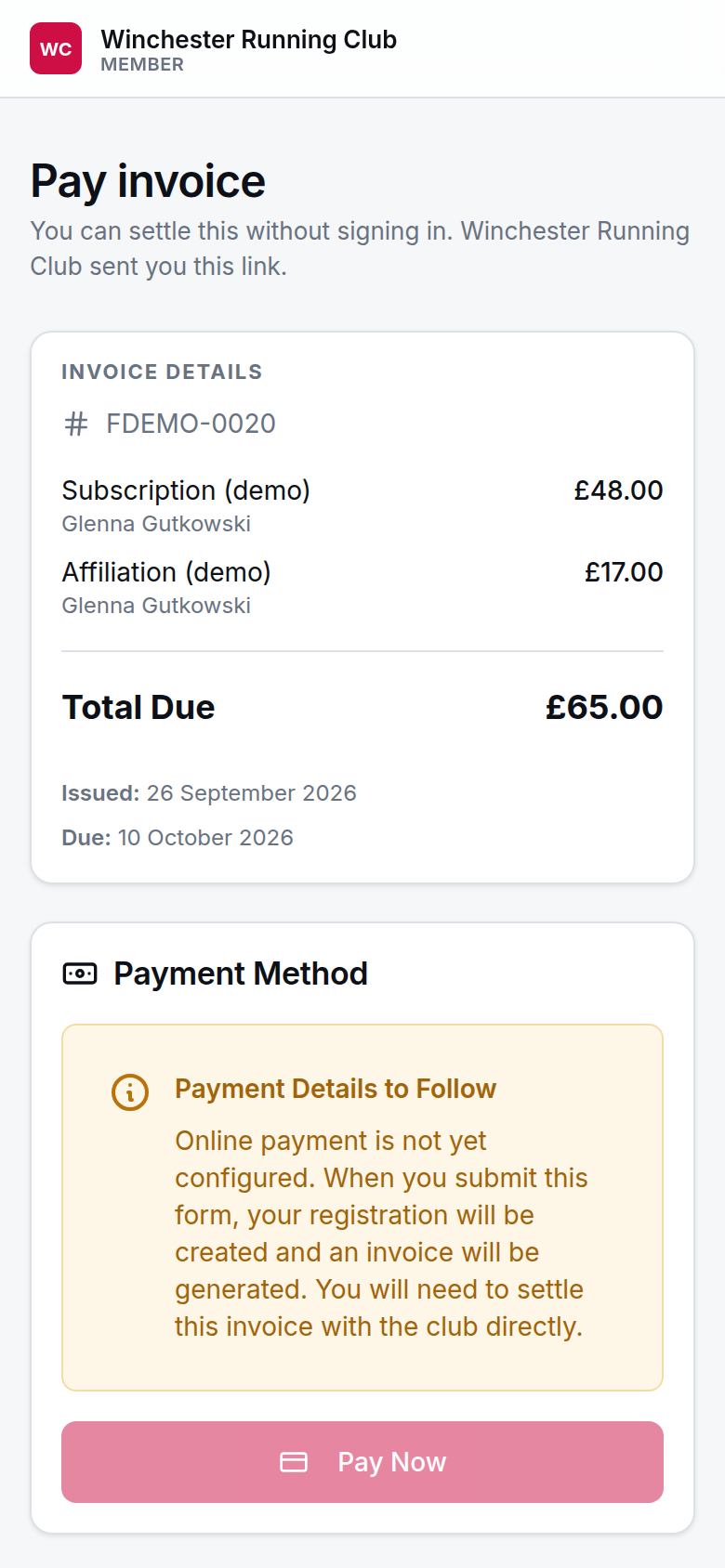 The page an emailed payment link opens, phone width