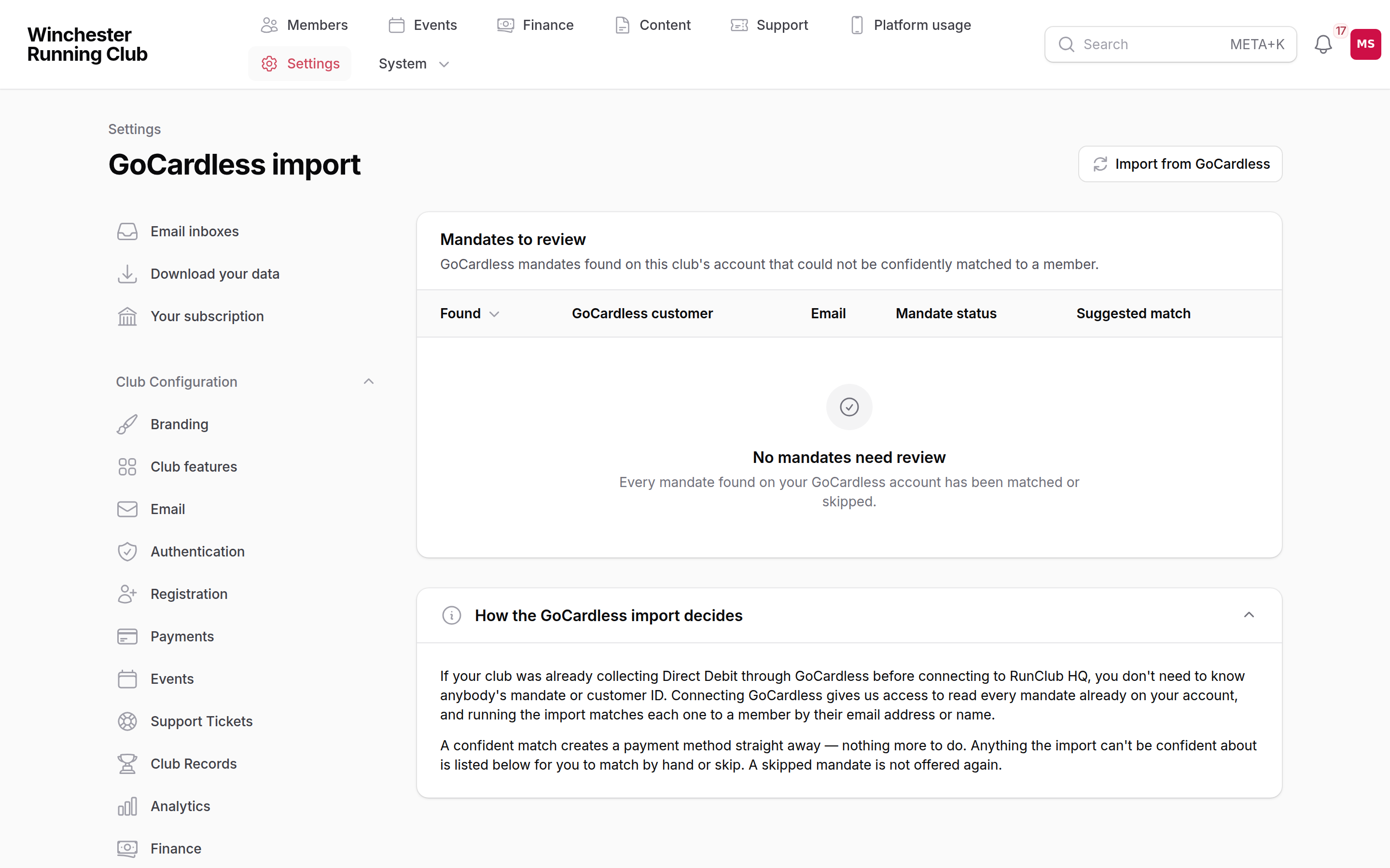 Settings → GoCardless import, with two mandates awaiting review