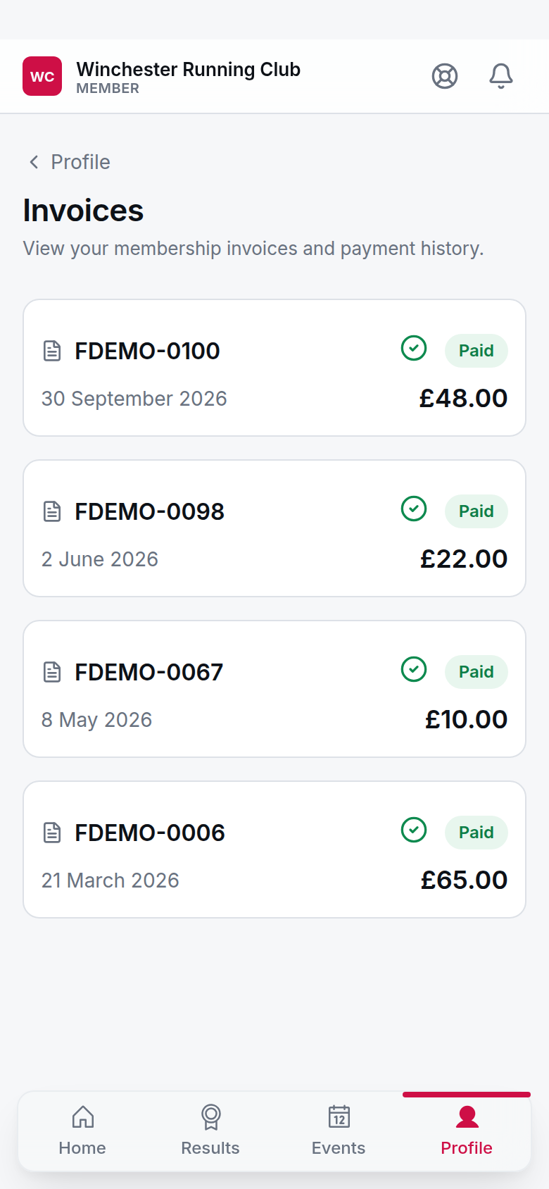 Profile → Invoices, phone width