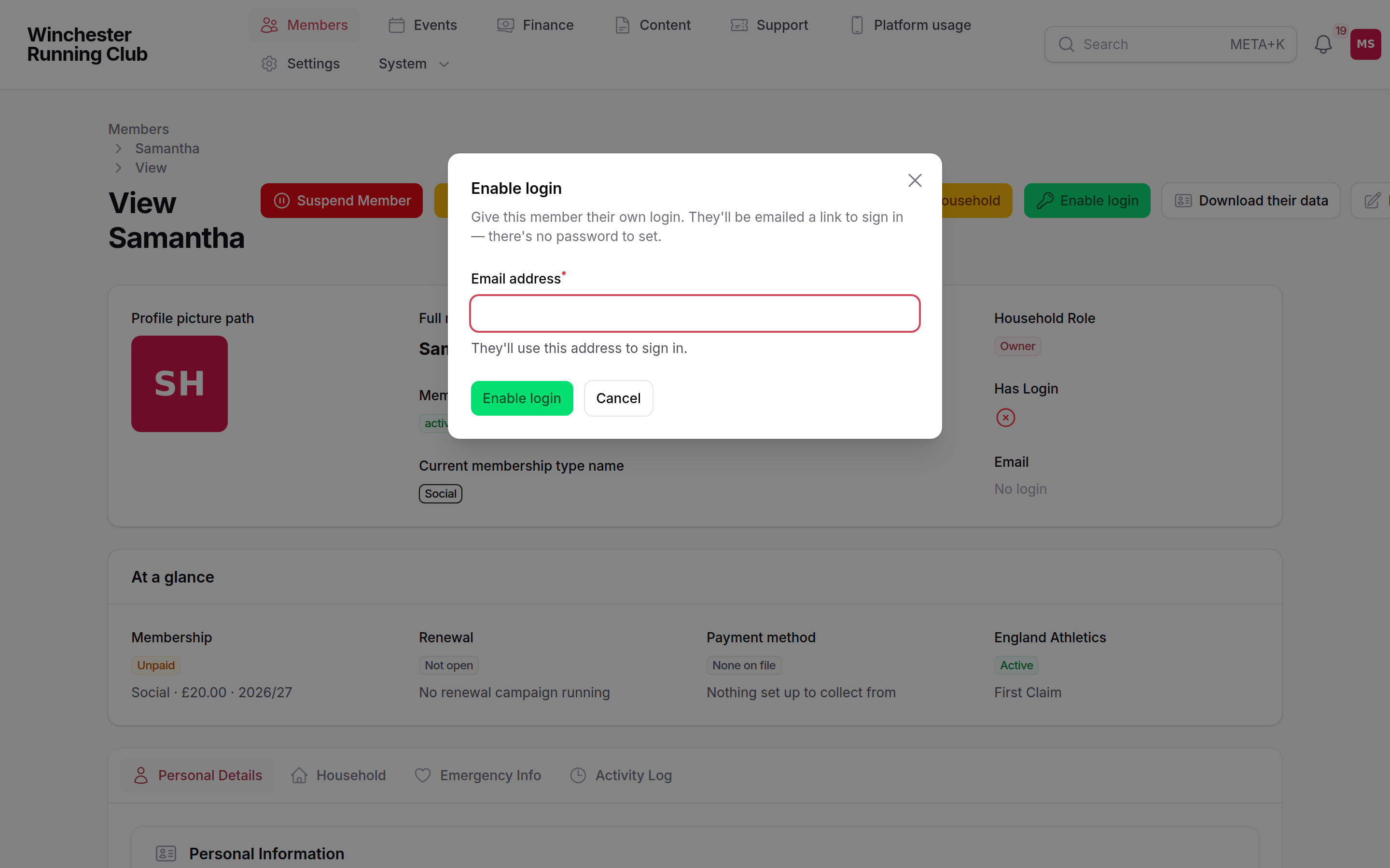 The Enable login dialog on an imported member's page — the member has no email and no login until the club supplies one