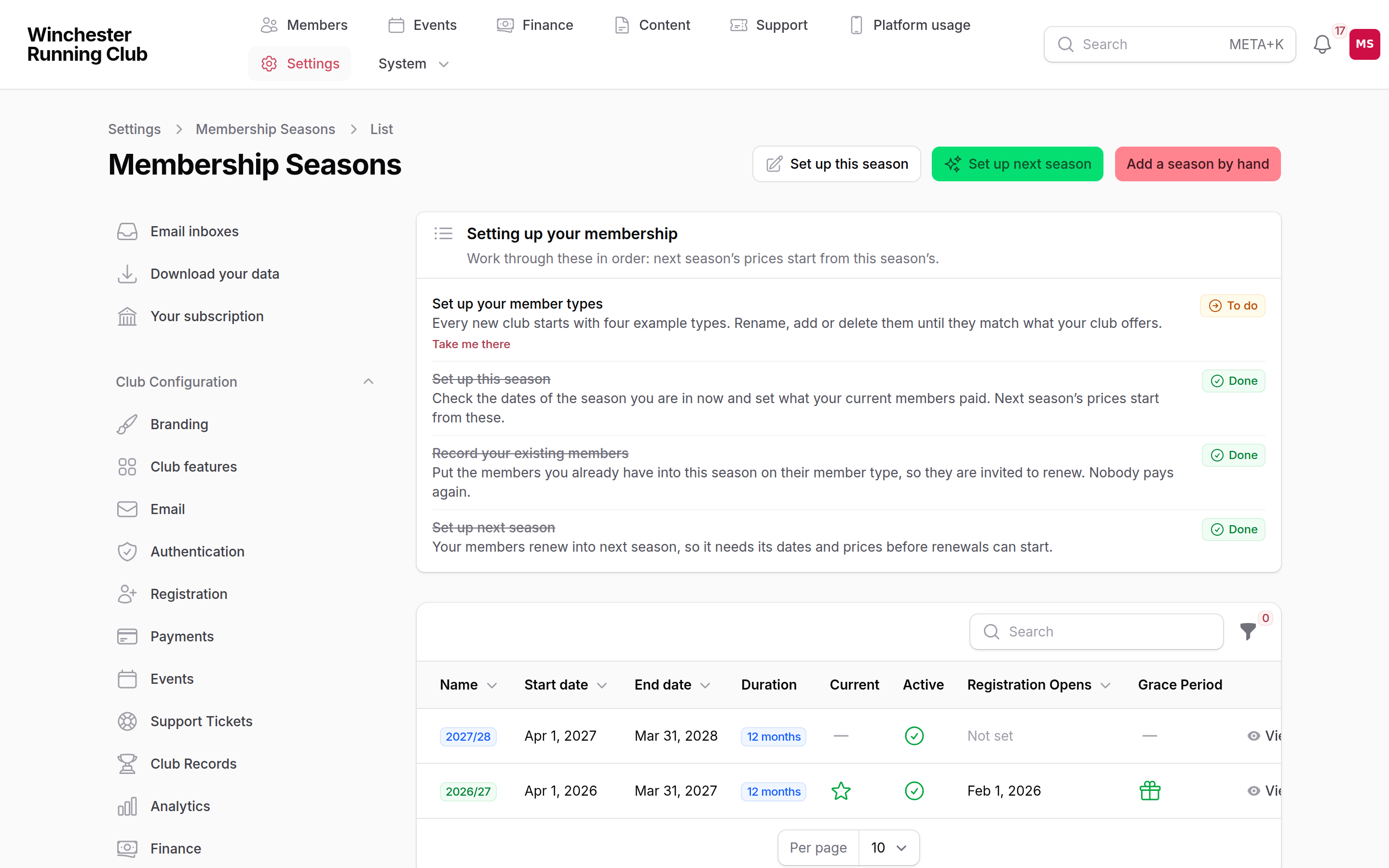 The membership seasons list