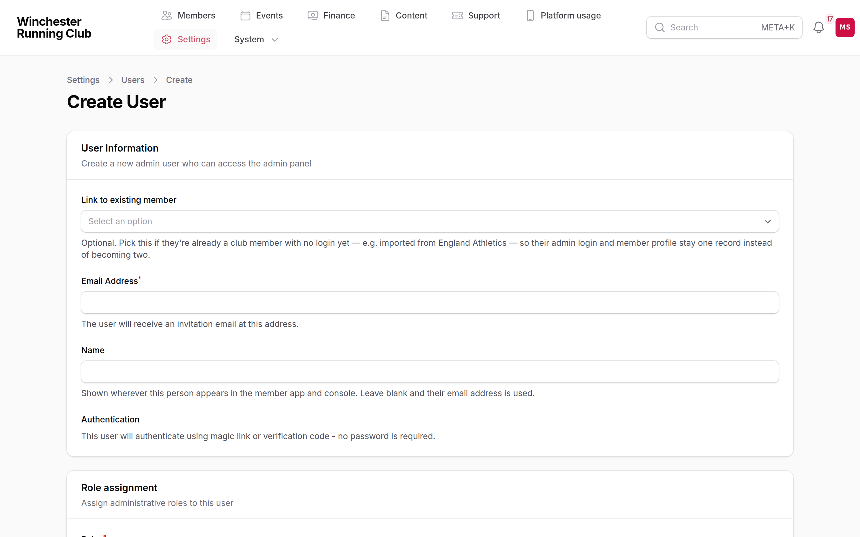 The Invite Admin User form, with the Administrative Roles multi-select open