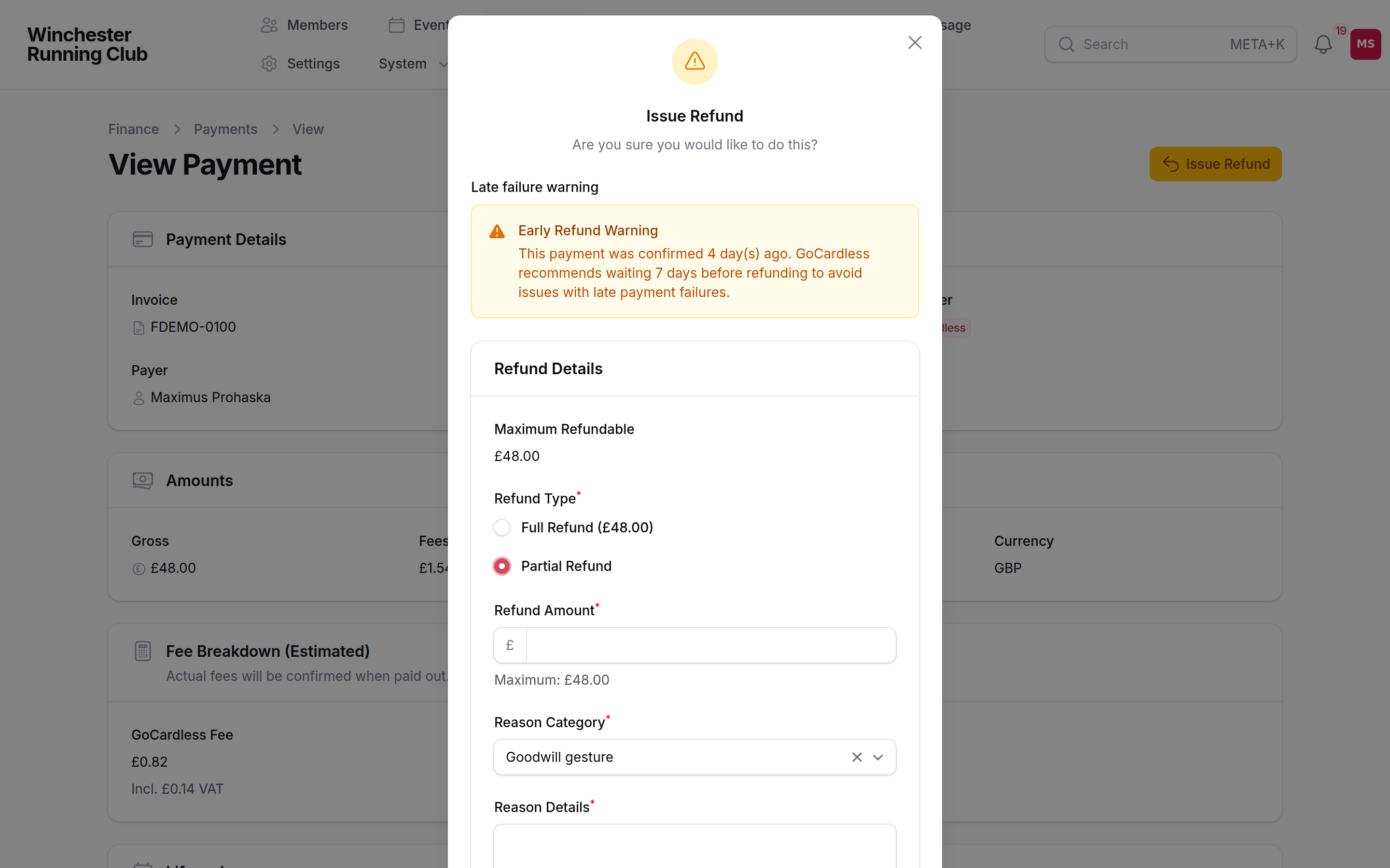 The Issue Refund modal, set to a partial refund
