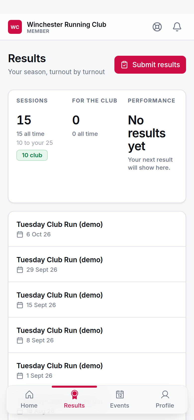 A member's Results page — season figures, the age-grade trend and their results, at phone width