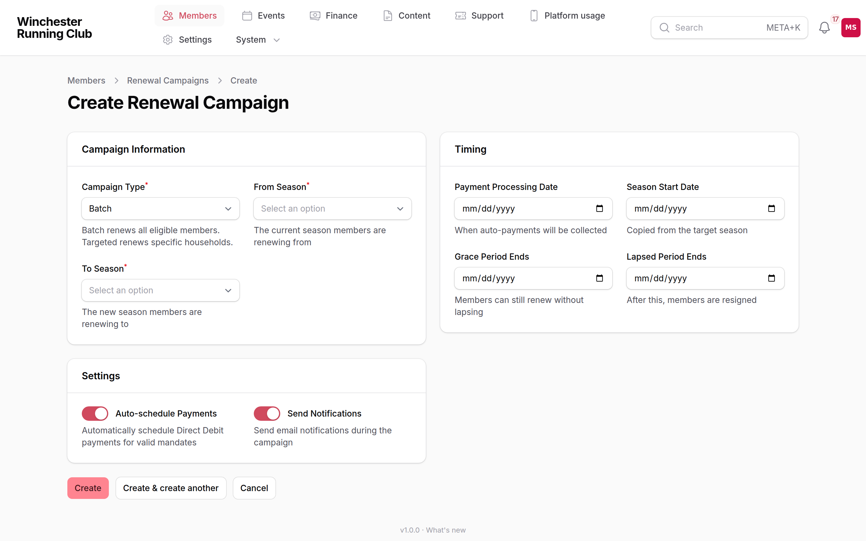 Creating a renewal campaign, with the campaign type, season and timing fields