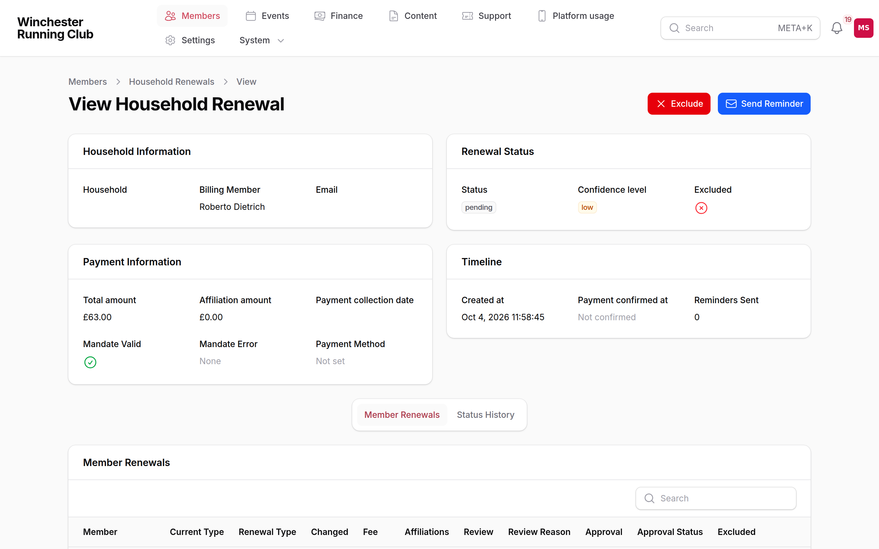 A household renewal, with its status, payment information and members