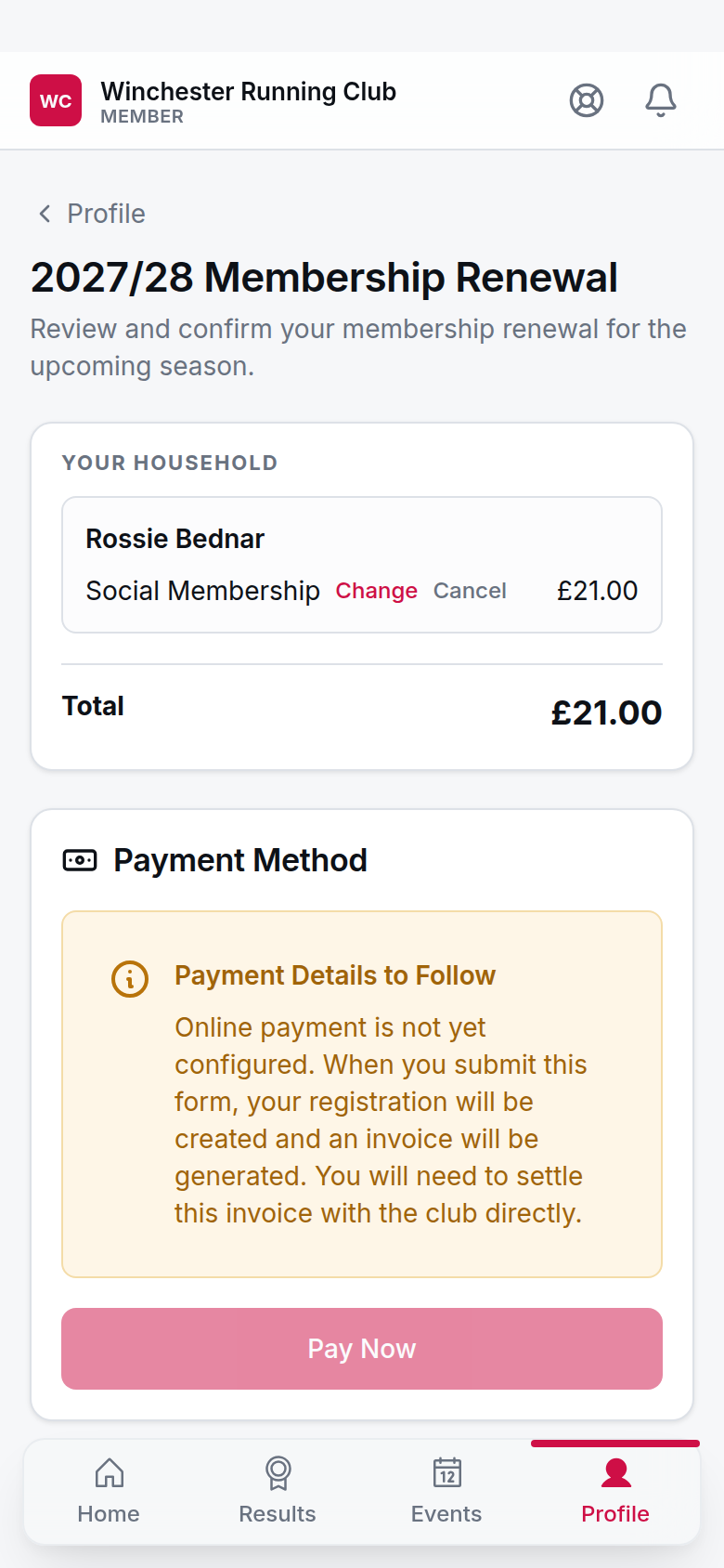 The member app's Renew page, with the household breakdown and the change, cancel and pay actions