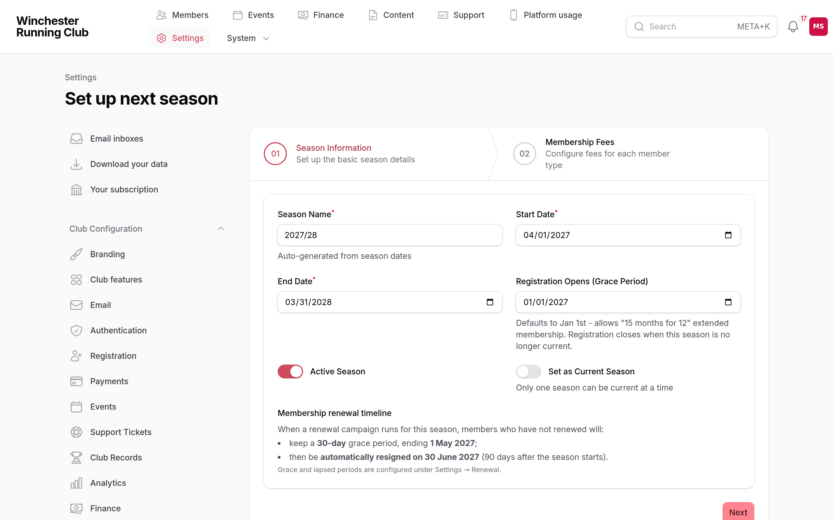 Set up next season, on its Membership Fees step