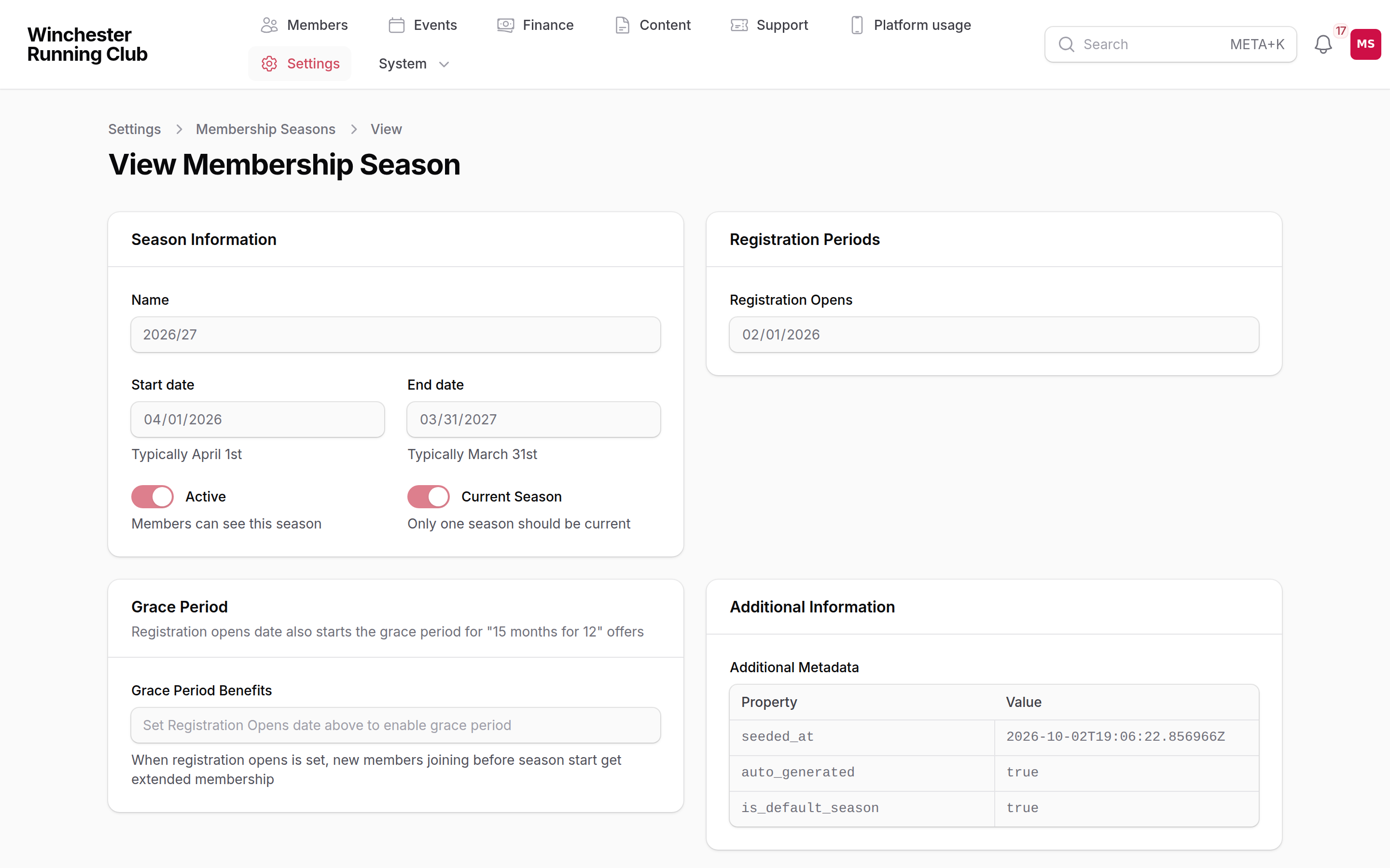 A membership season's Fees tab